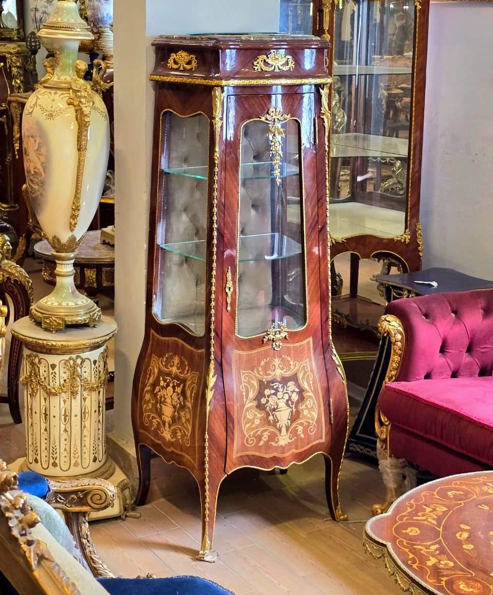 French Bombe Curio Cabinet with Glass Doors, Gold Leaf Accents & Floral Marquetry