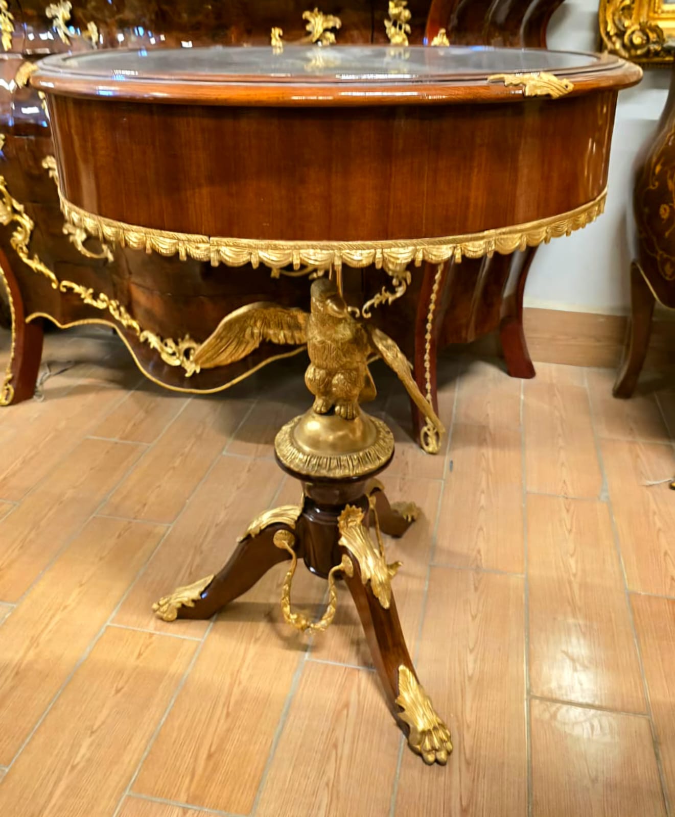 French Empire Glass Top Side Table with Hand-Painted Porcelain Medallion & Gilt Bronze Accents