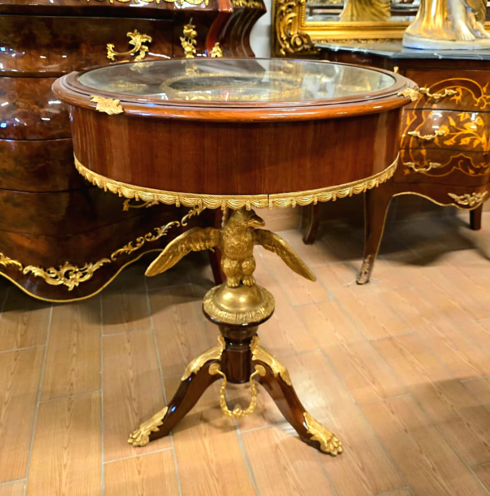French Empire Glass Top Side Table with Hand-Painted Porcelain Medallion & Gilt Bronze Accents
