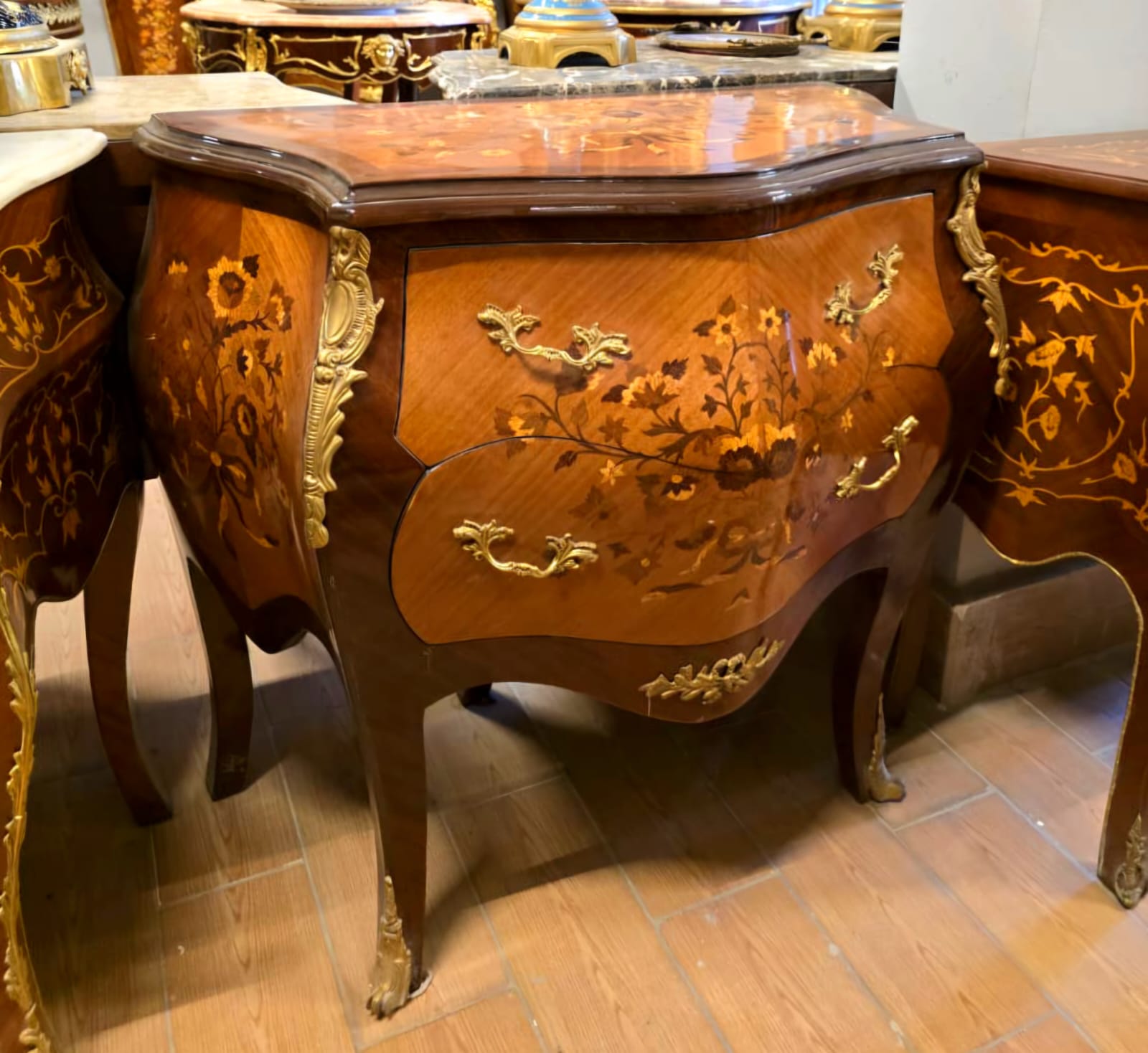 Exquisite French Louis XV Bombe Chest with Marble Top & Floral Marquetry