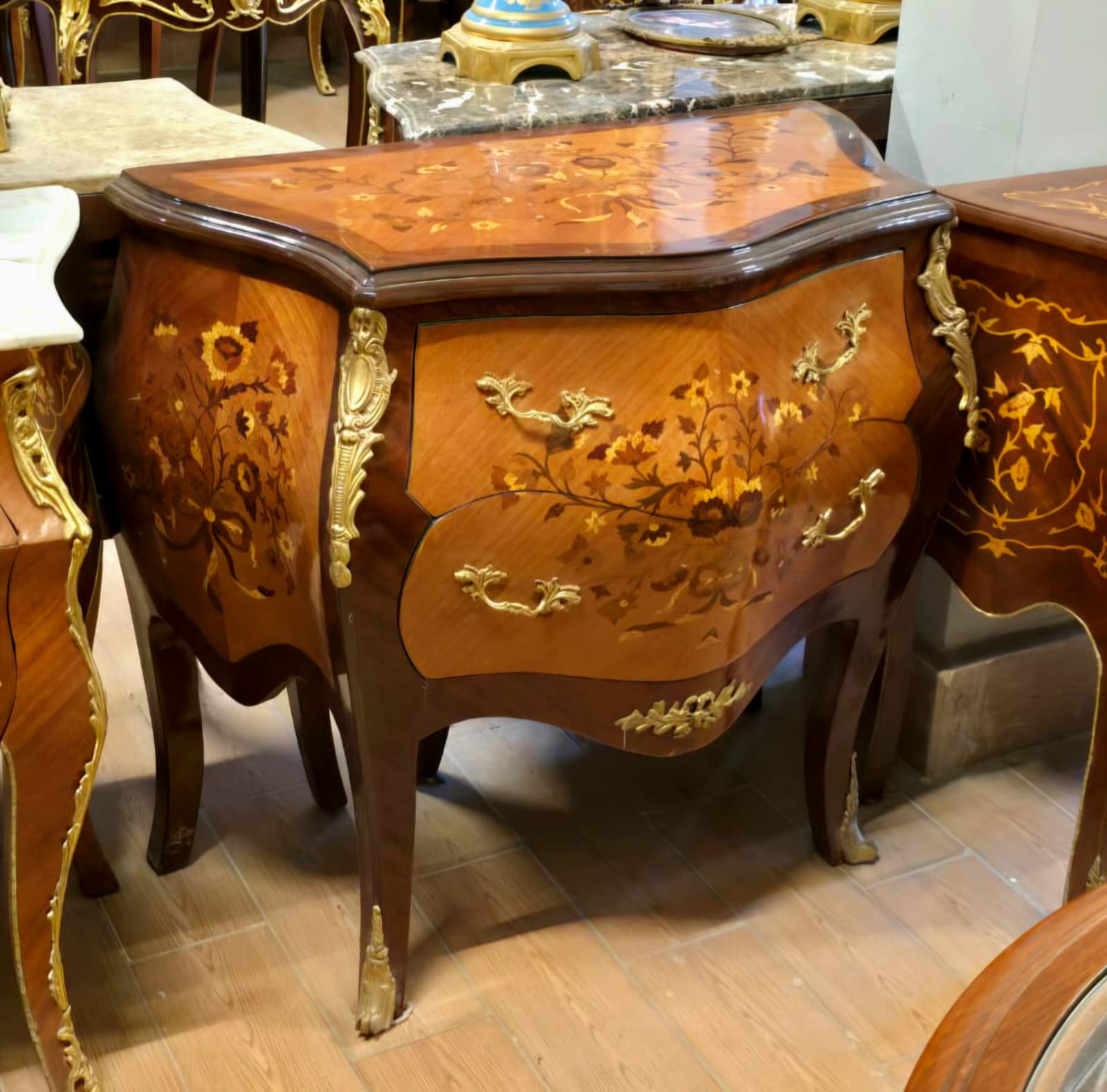 Exquisite French Louis XV Bombe Chest with Marble Top & Floral Marquetry