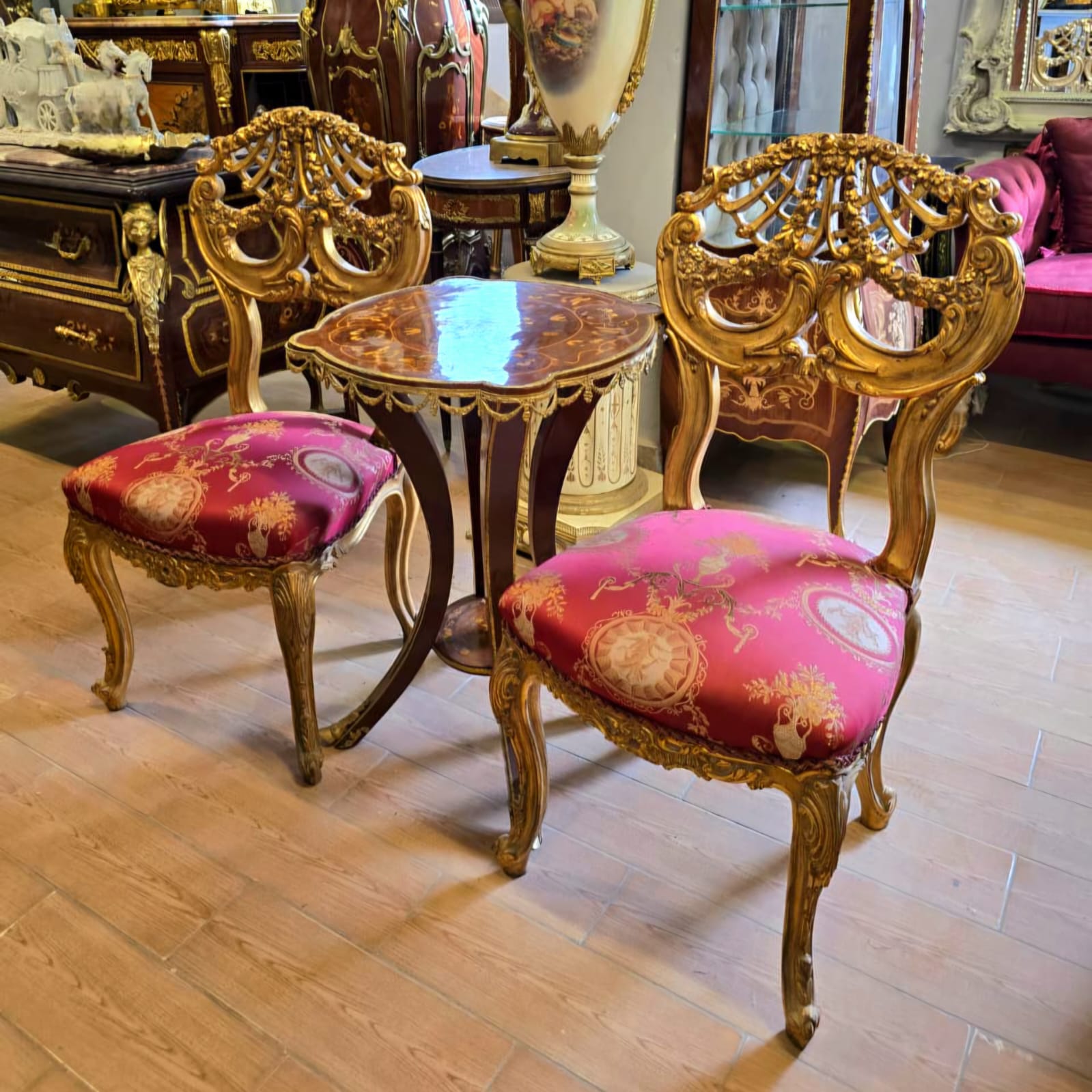 French Gold Leaf Side Chair with Burgundy Damask Upholstery – Sold Individually
