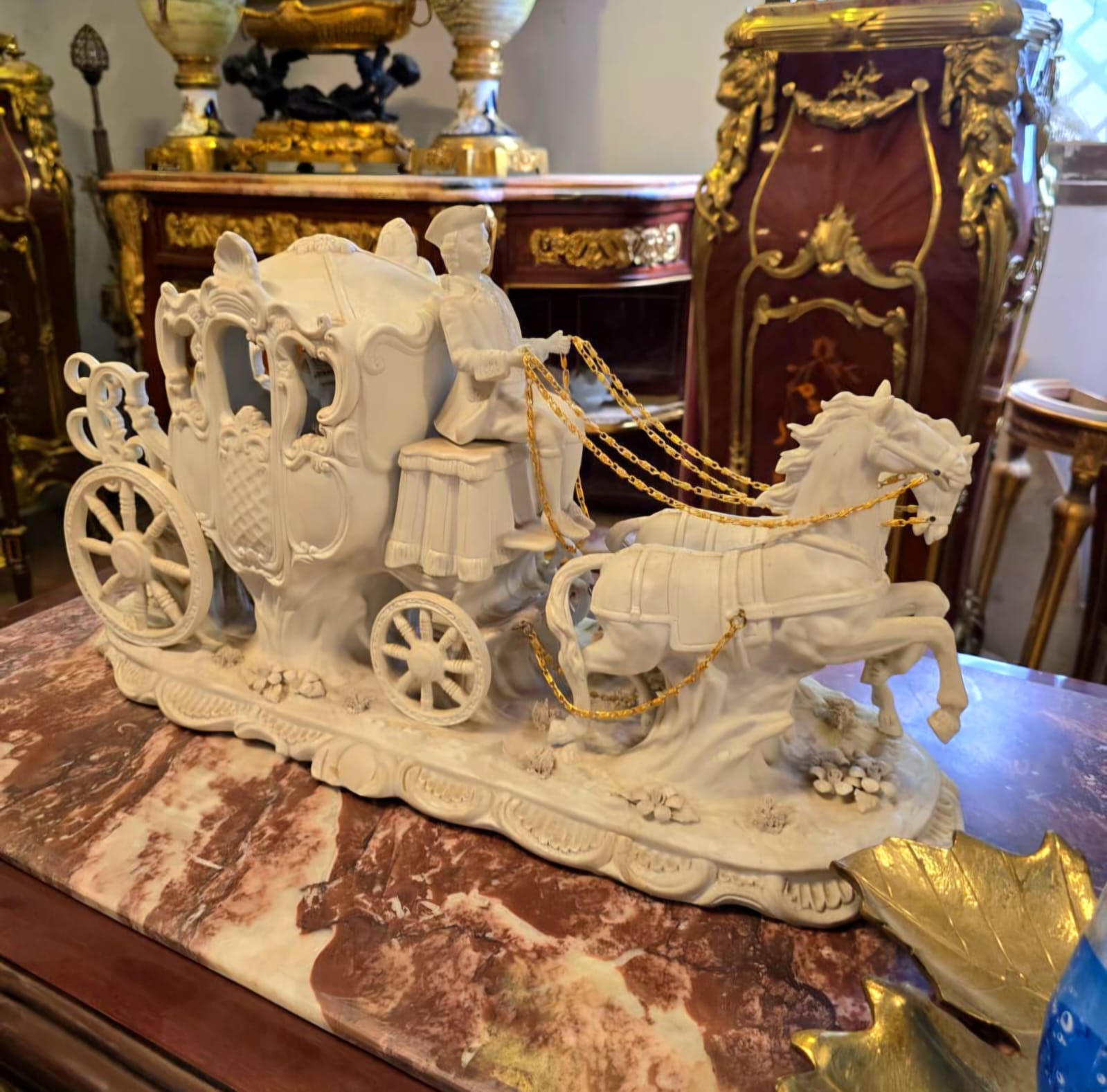 Romantic Cinderella Carriage Sculpture with Horse & Cherub – Elegant Fairy Tale Décor