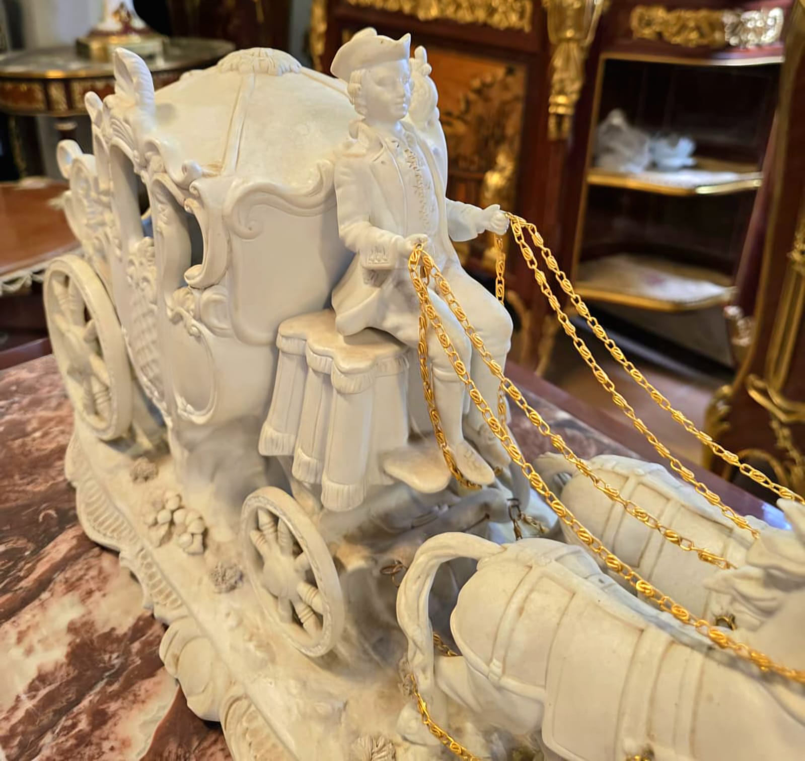 Romantic Cinderella Carriage Sculpture with Horse & Cherub – Elegant Fairy Tale Décor