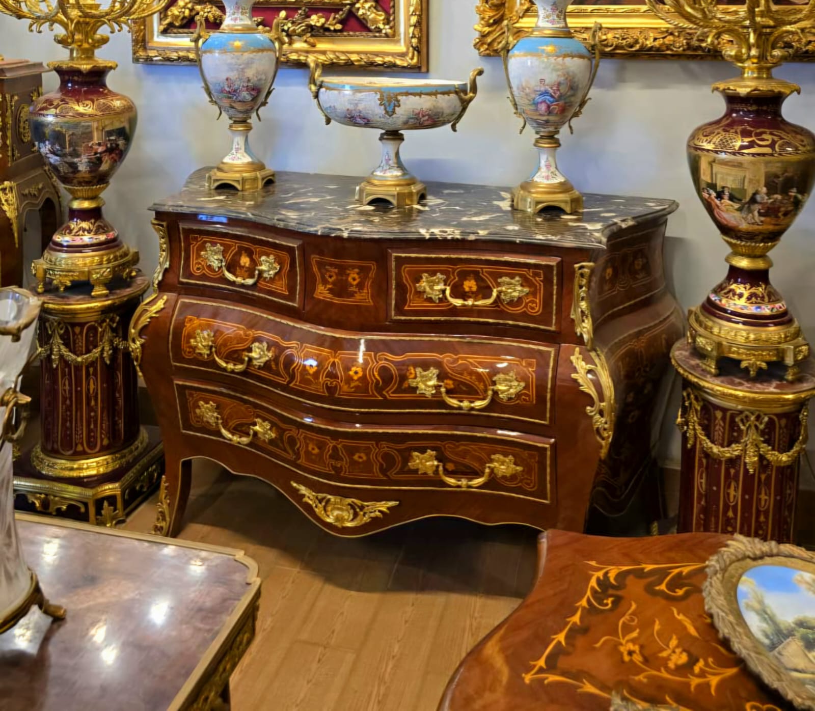Luxury French Louis XV Bombe Chest with Marble Top, Gold Leaf & Bronze Mounts
