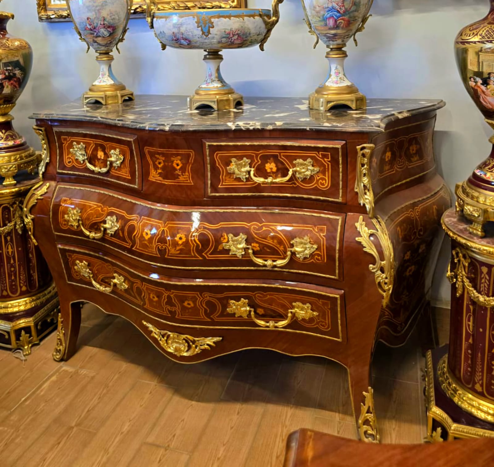 Luxury French Louis XV Bombe Chest with Marble Top, Gold Leaf & Bronze Mounts