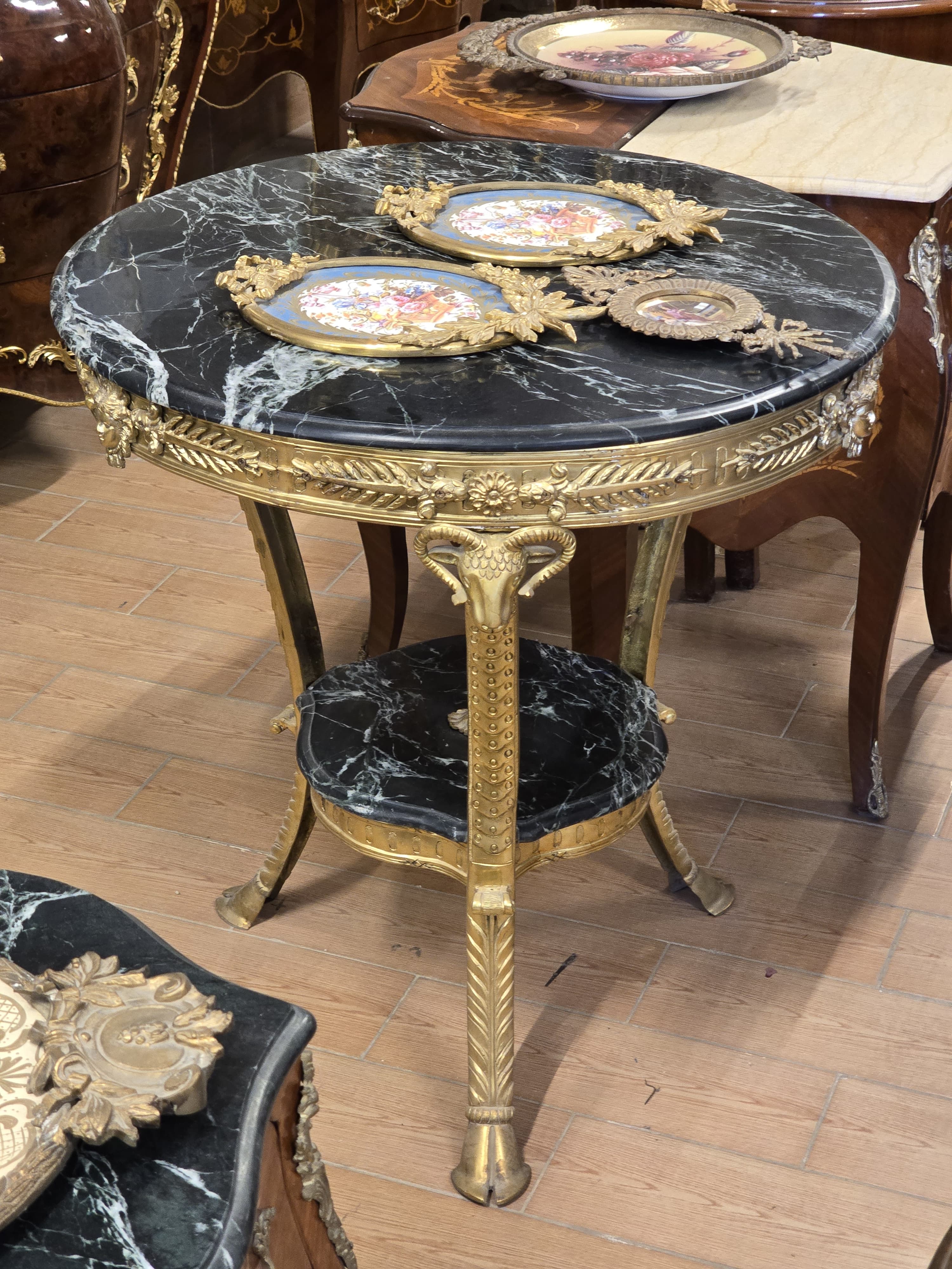 French Marble Top Center Table with Bronze Mounts & Gold Leaf Accents