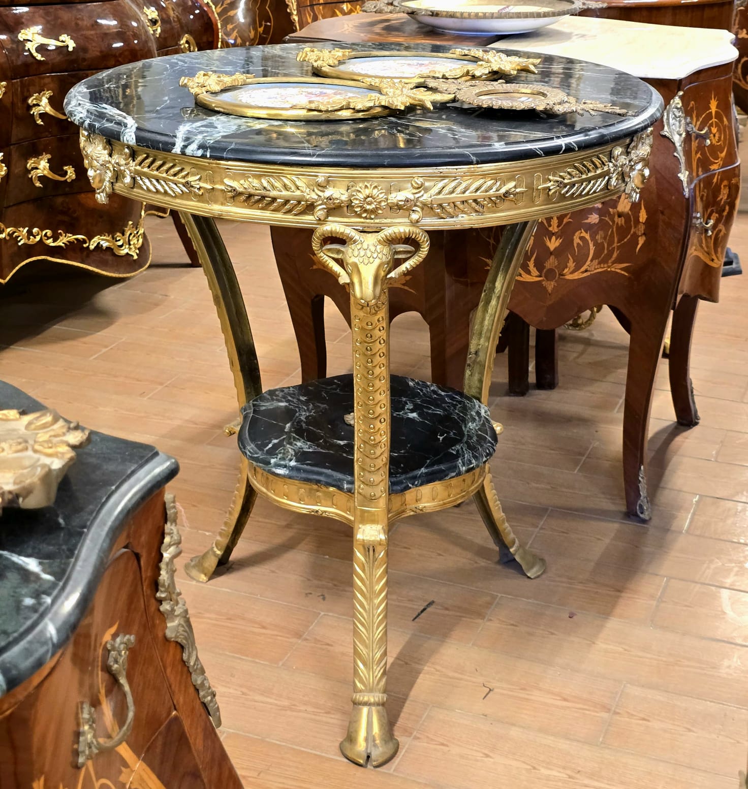 French Marble Top Center Table with Bronze Mounts & Gold Leaf Accents