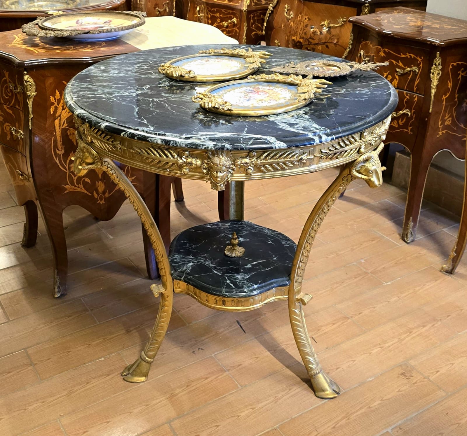 French Marble Top Center Table with Bronze Mounts & Gold Leaf Accents