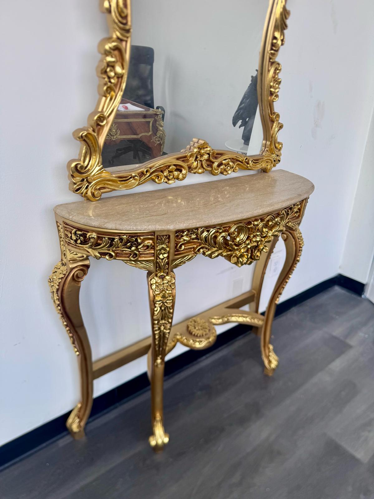 Grand French Rococo Gold Leaf Console Table with Ornate Mirror & Light Marble Top – Luxury Entryway Set