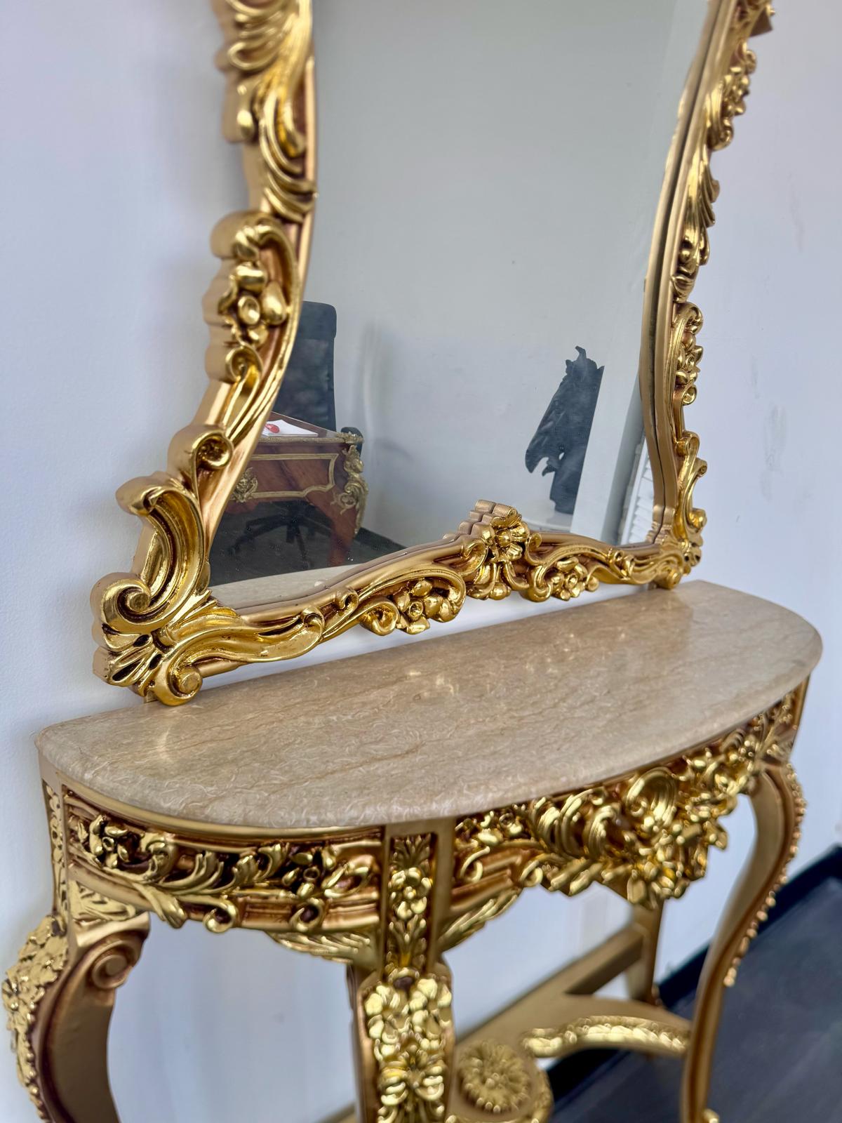 Grand French Rococo Gold Leaf Console Table with Ornate Mirror & Light Marble Top – Luxury Entryway Set
