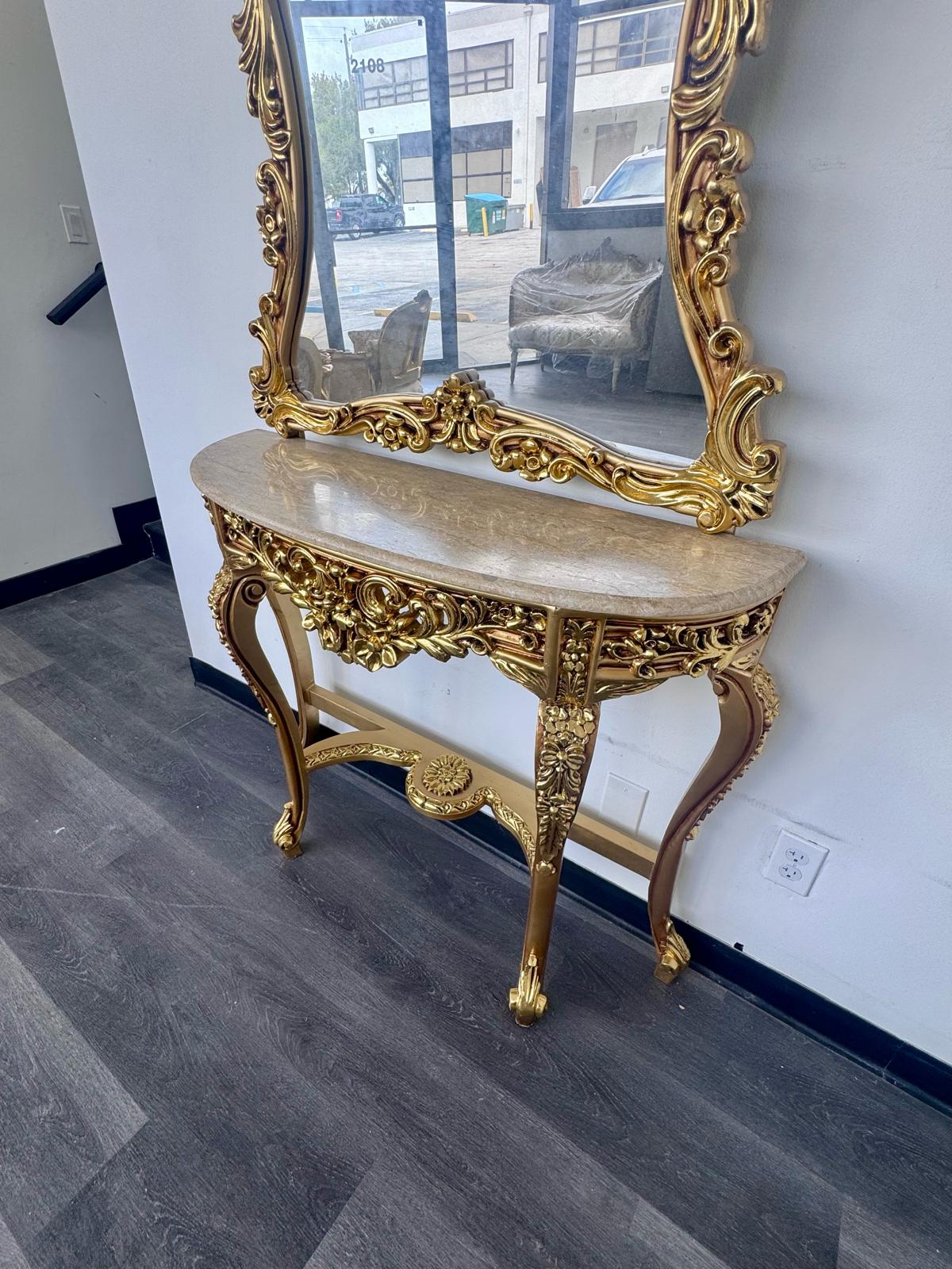 Grand French Rococo Gold Leaf Console Table with Ornate Mirror & Light Marble Top – Luxury Entryway Set