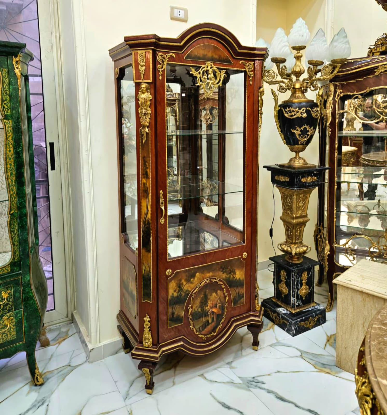 French Hand-Painted Curio Cabinet with Glass Panels, Gold Leaf Accents & Scenic Artwork