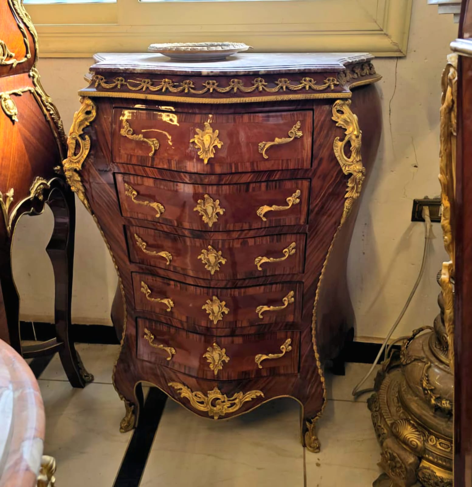 French Bombe Lingerie Chest with Marble Top, Gold Leaf Accents & Five Functional Drawers