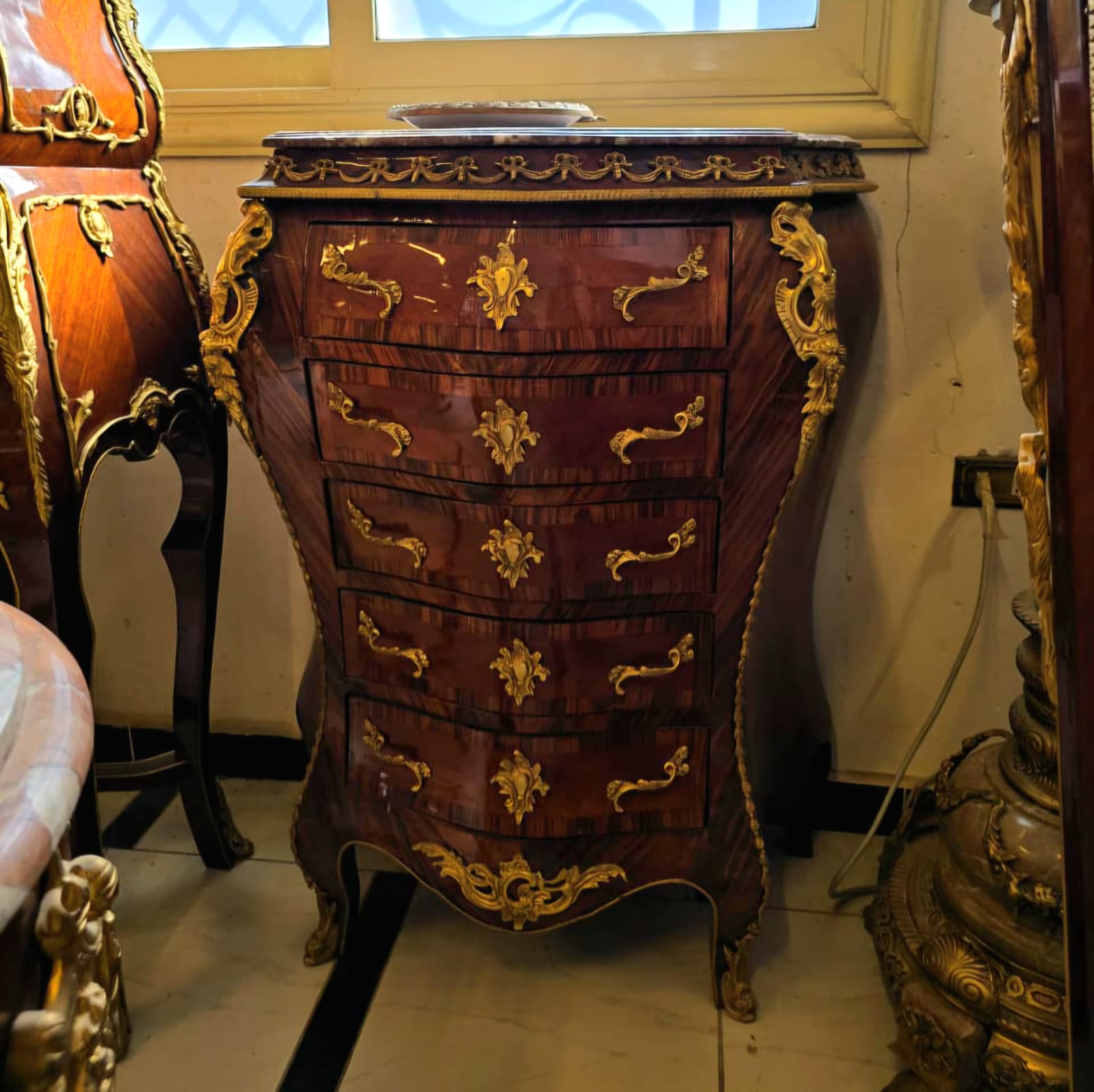 French Bombe Lingerie Chest with Marble Top, Gold Leaf Accents & Five Functional Drawers