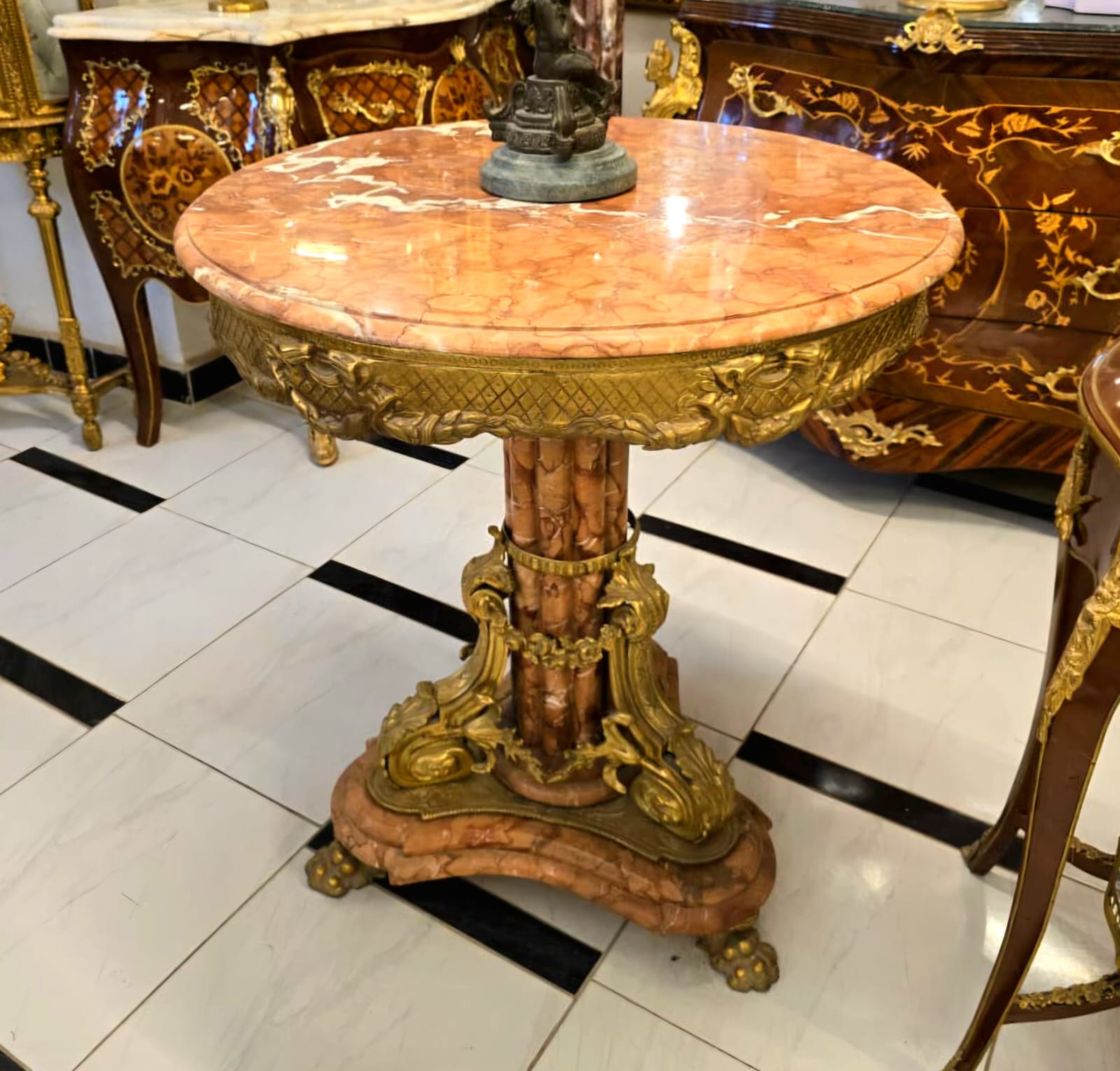 Luxury Pink Marble Side Table with Bronze & Gold Leaf Base – French Classical Accent Table