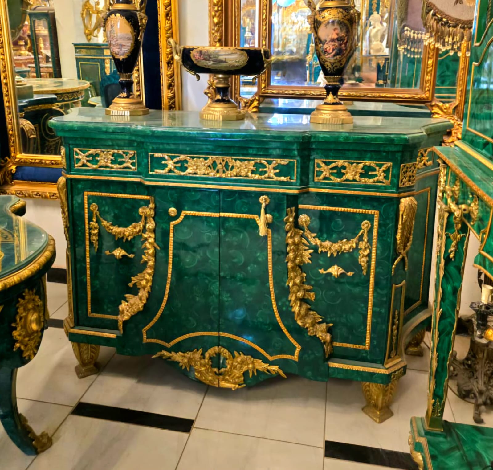 Monumental Emerald Green Louis XVI Commode Cabinet with Lock, Gold Leaf & Bronze Mounts