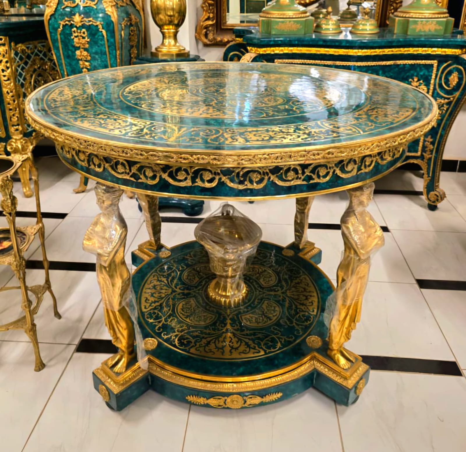Monumental French Empire Center Table in Bottle Green with Gold Leaf, Bronze Caryatid Figures & Glass Top