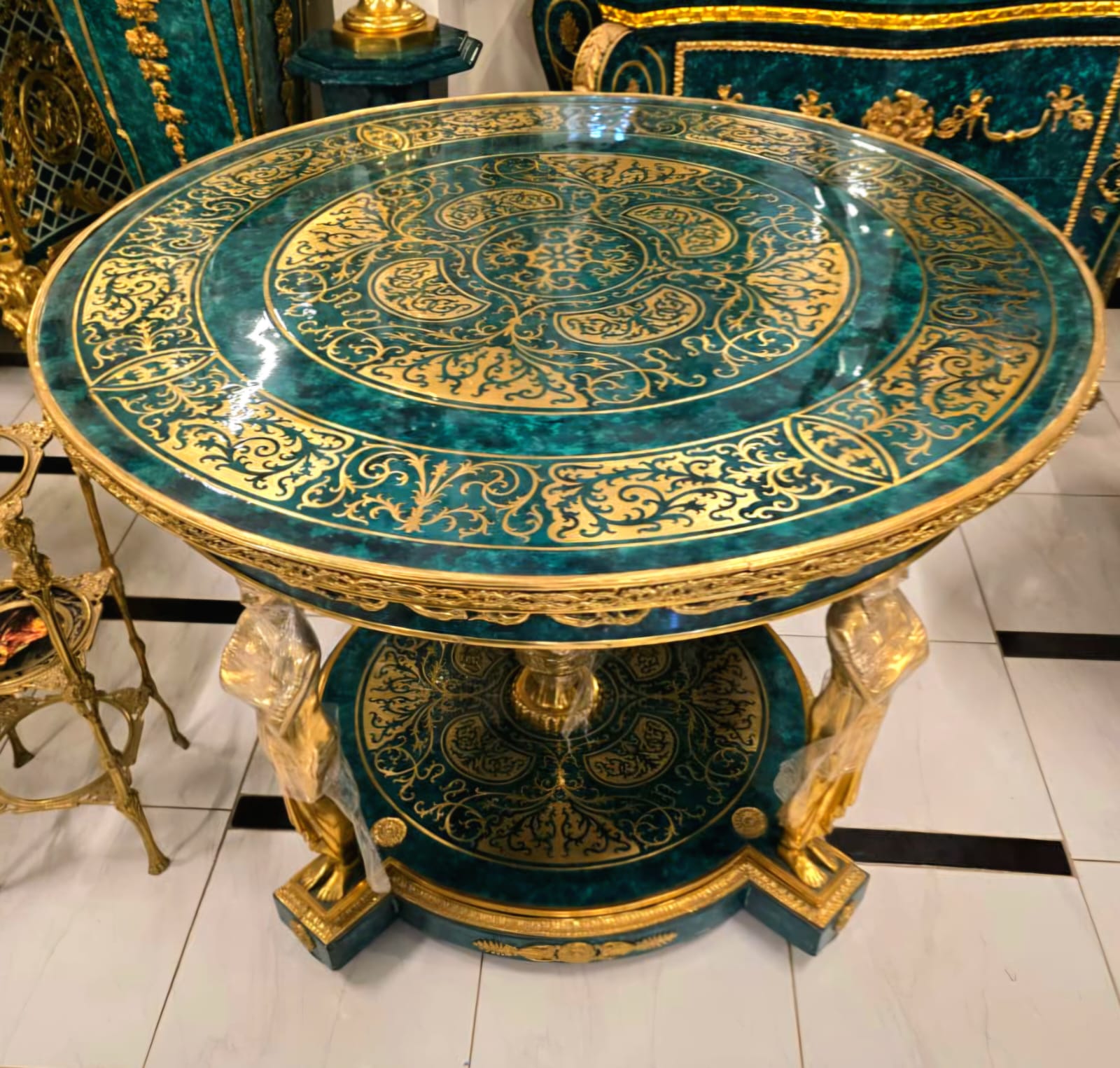 Monumental French Empire Center Table in Bottle Green with Gold Leaf, Bronze Caryatid Figures & Glass Top