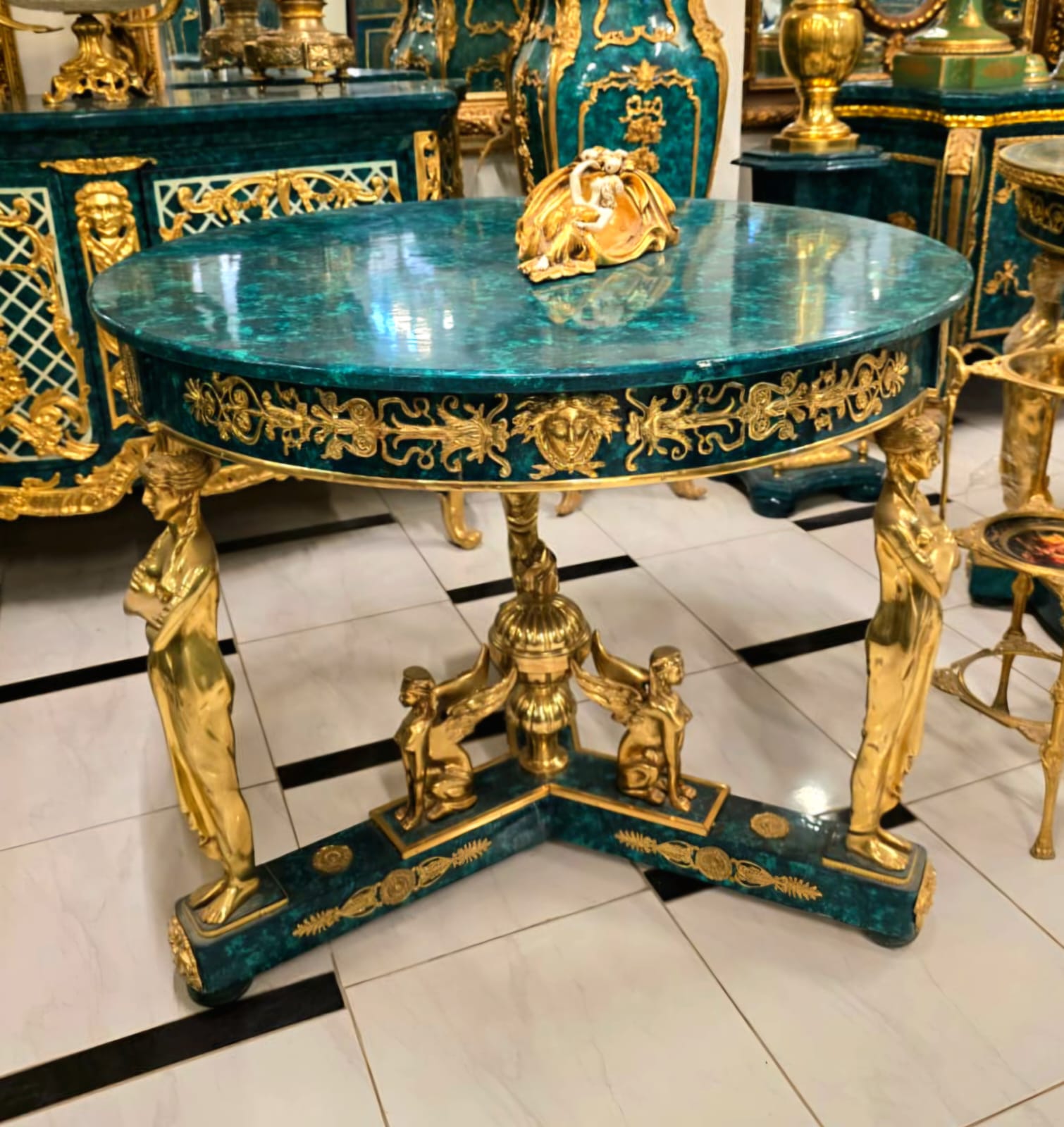 French Empire Bottle Green Center Table with Sculptural Bronze Figures & Gold Leaf Details