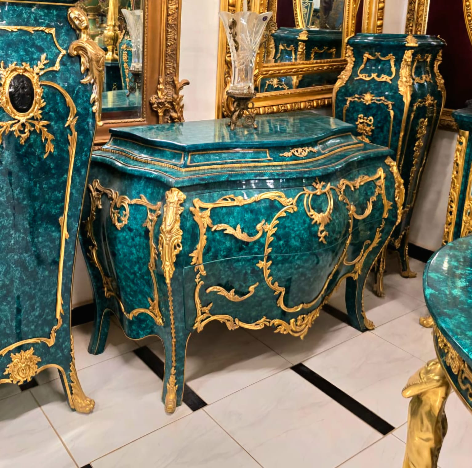 French Louis XV Bottle Green Bombe Commode with Bronze Ormolu & Gold Leaf Accents