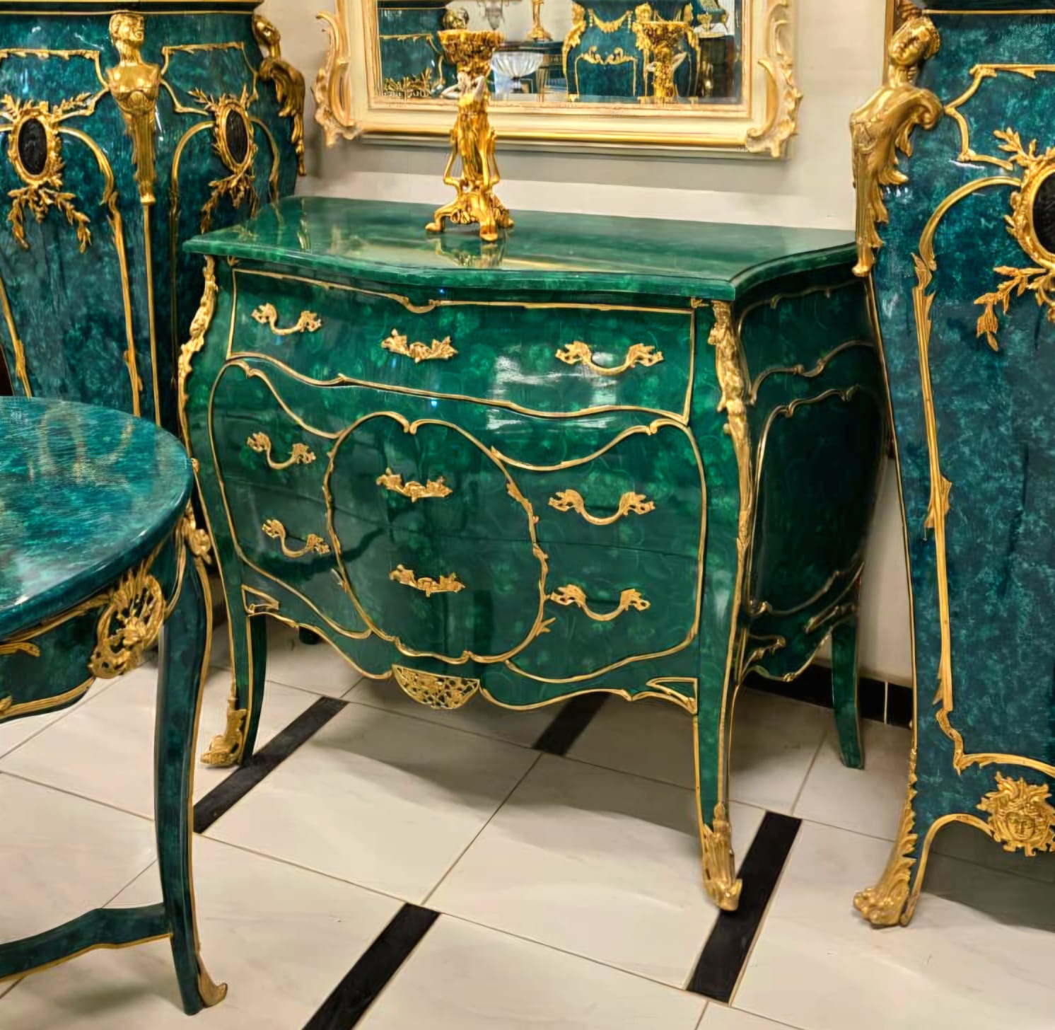 French Louis XV Bottle Green Bombe Commode with Gold Leaf Details & Bronze Ormolu