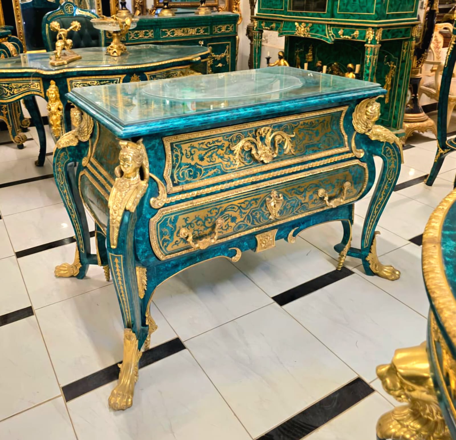 French Louis XV Bottle Green Commode with 2 Drawers, Glass Top, Gold Leaf & Bronze Ormolu