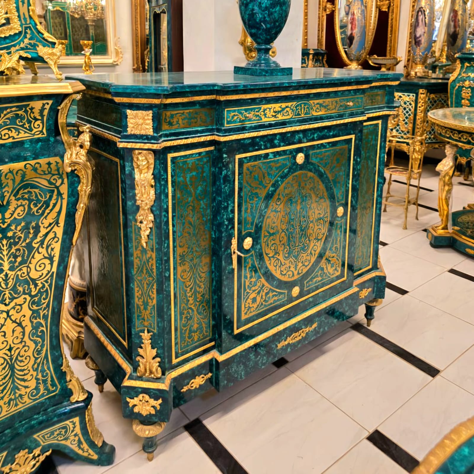Grand French Louis XVI Bottle Green Commode Cabinet with Lock, Gold Leaf & Bronze Ormolu