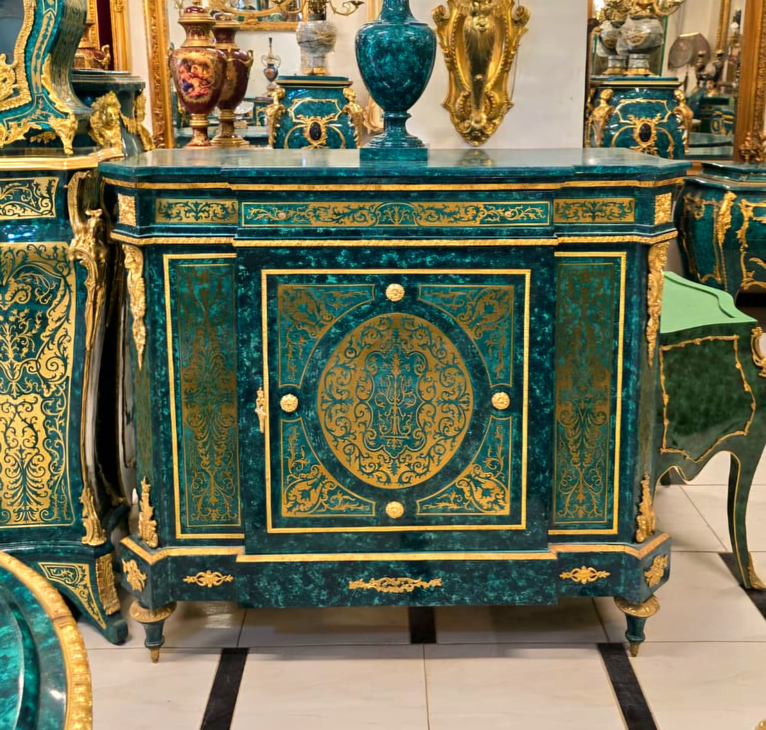 Grand French Louis XVI Bottle Green Commode Cabinet with Lock, Gold Leaf & Bronze Ormolu