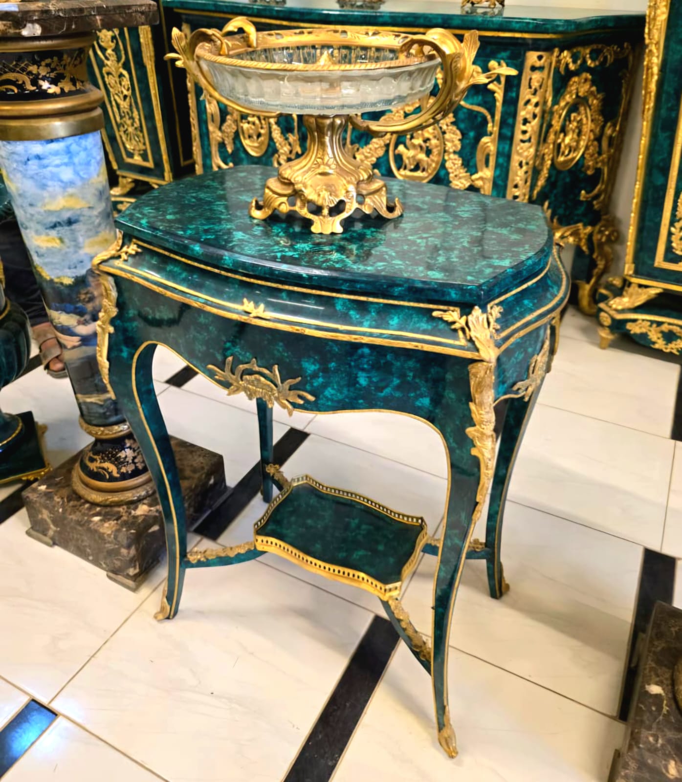 French Louis XV Bottle Green Side Table with Gold Leaf & Bronze Ormolu Accents