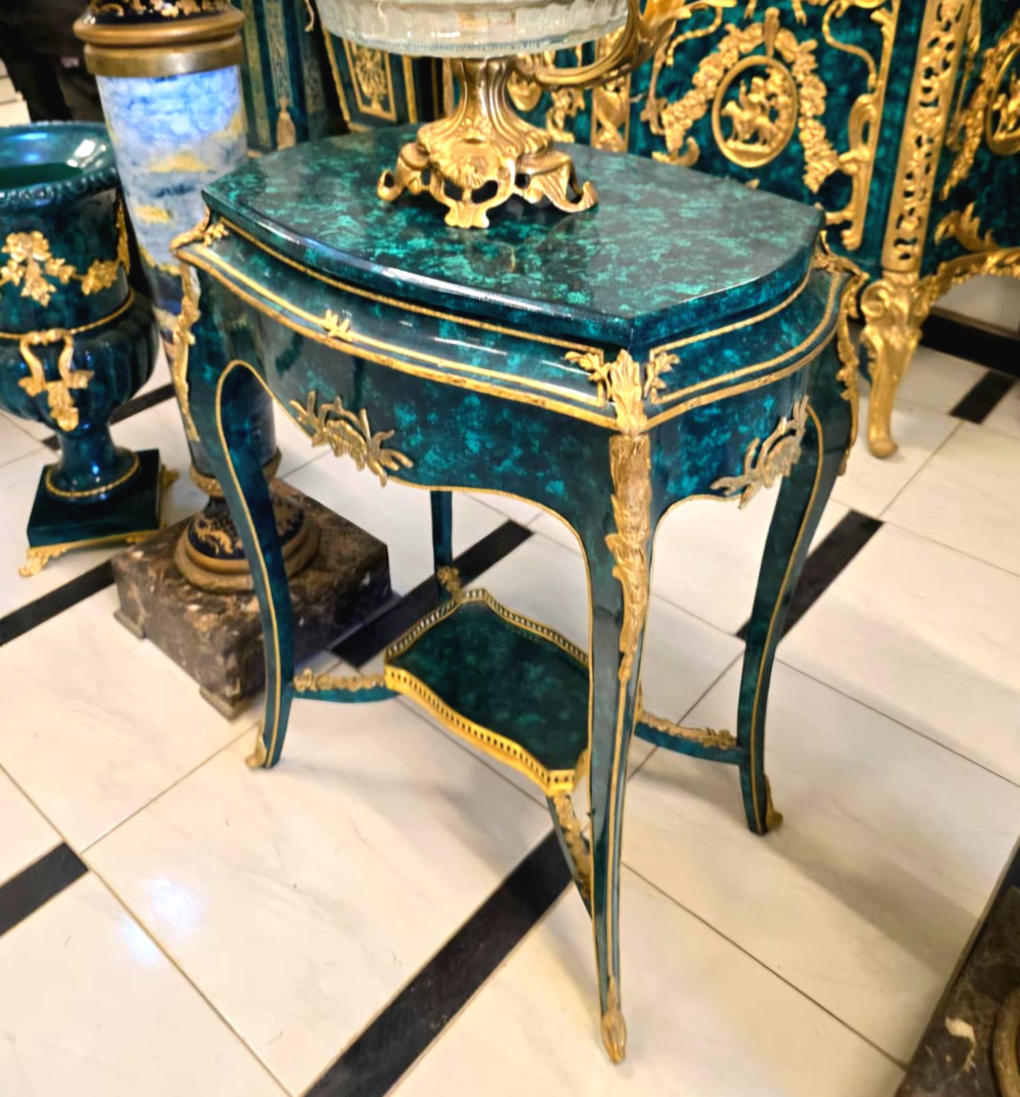 French Louis XV Bottle Green Side Table with Gold Leaf & Bronze Ormolu Accents