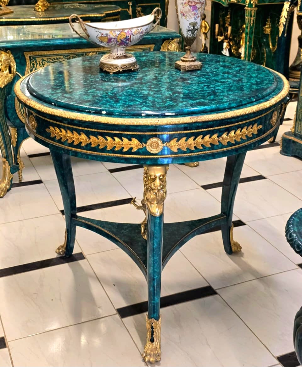 Grand French Louis XV Bottle Green Center Table with Gold Leaf & Bronze Ormolu Details