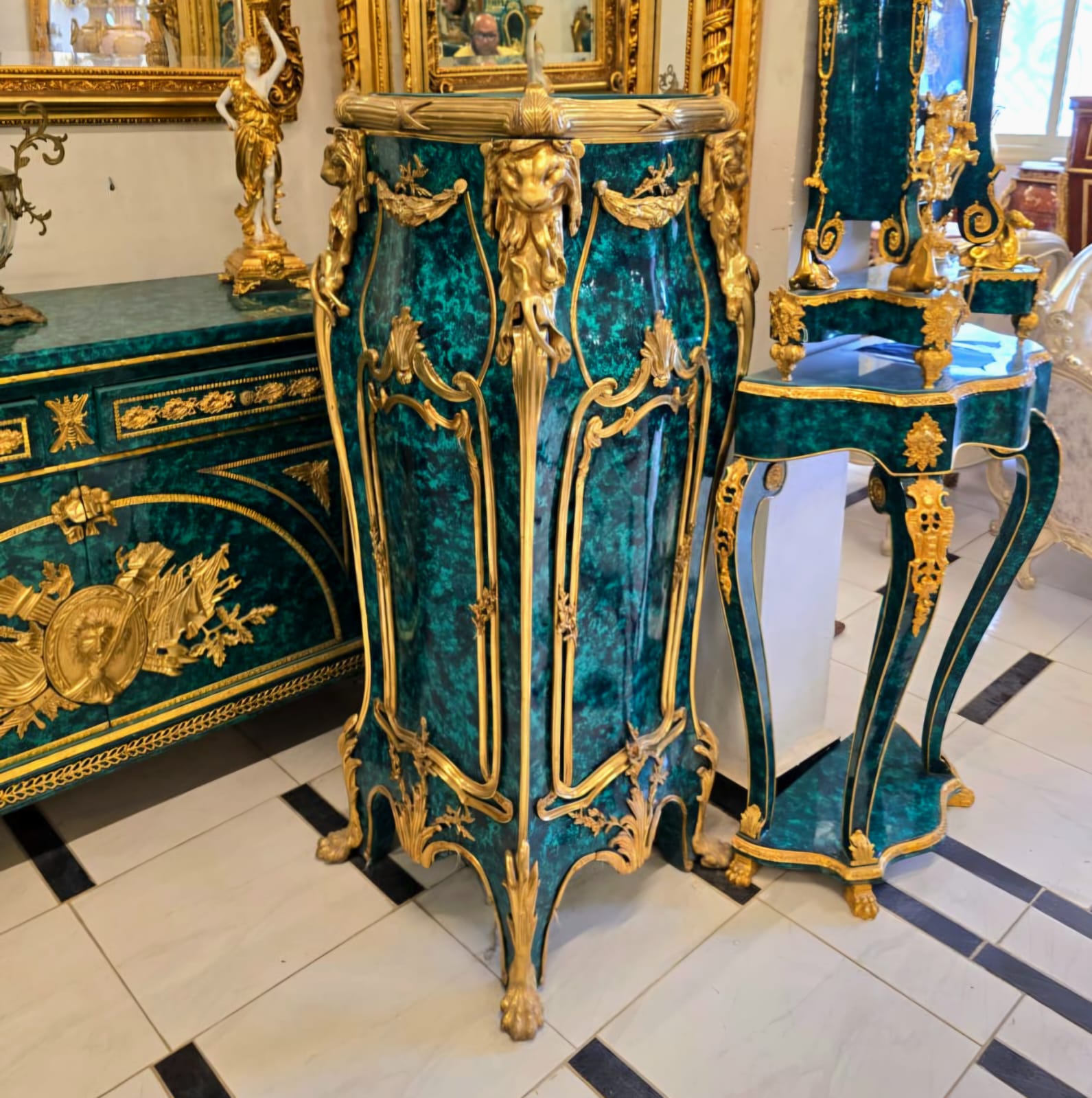 Grand French Louis XV Bottle Green Pedestal with Bronze Ormolu & Gold Leaf Details