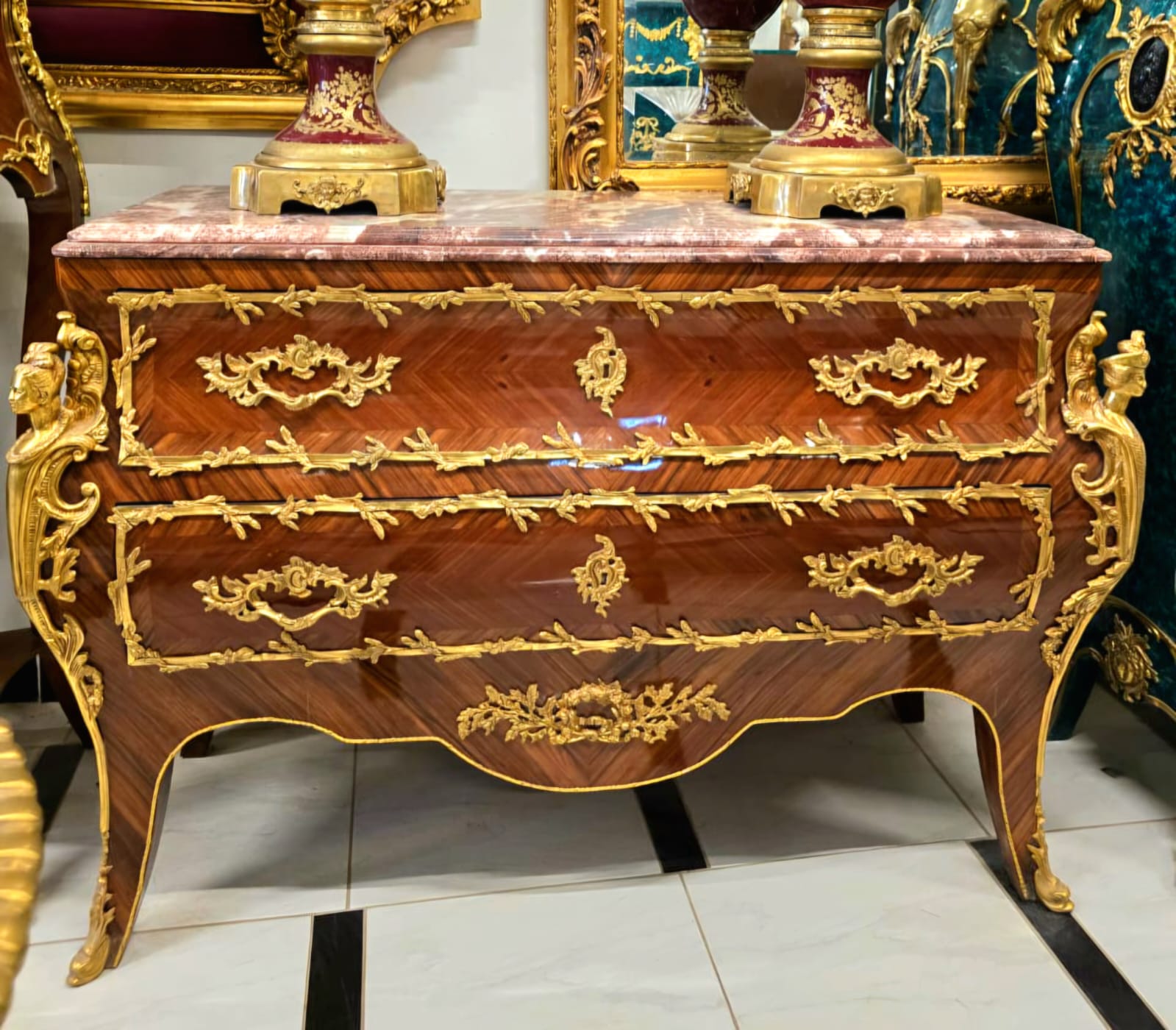 Elegant French Louis XV Bombe Commode with Marble Top, Floral Marquetry & Bronze Ormolu