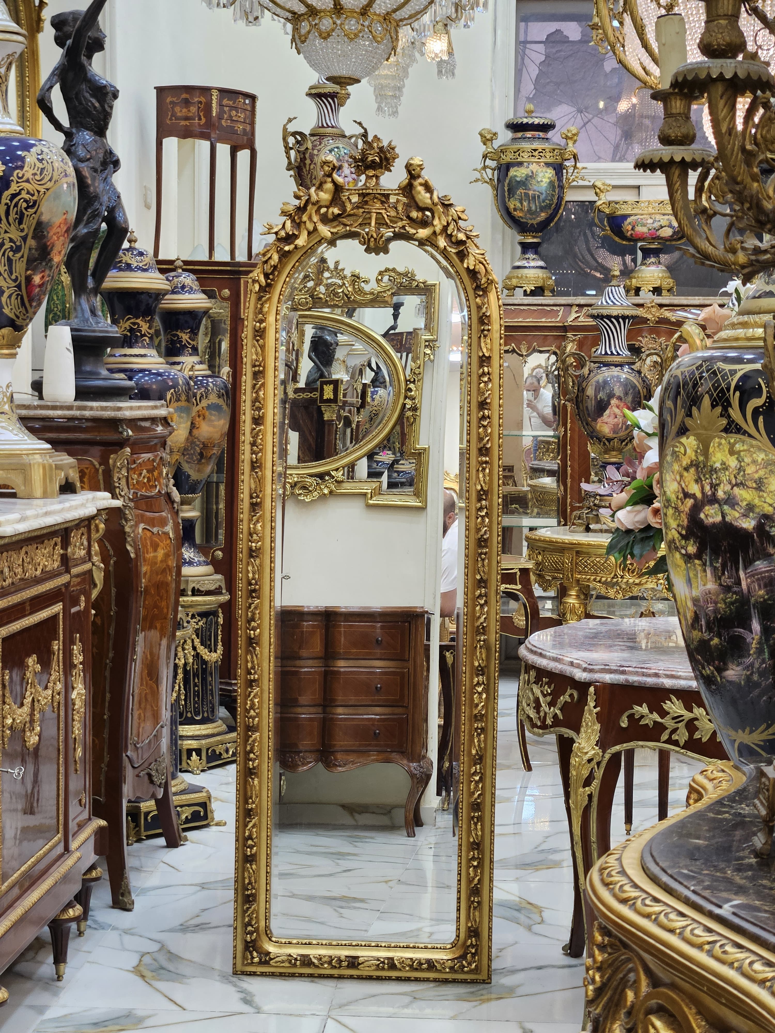Grand French Louis XV Floor Mirror with Cherub Crest & Gold Leaf Frame