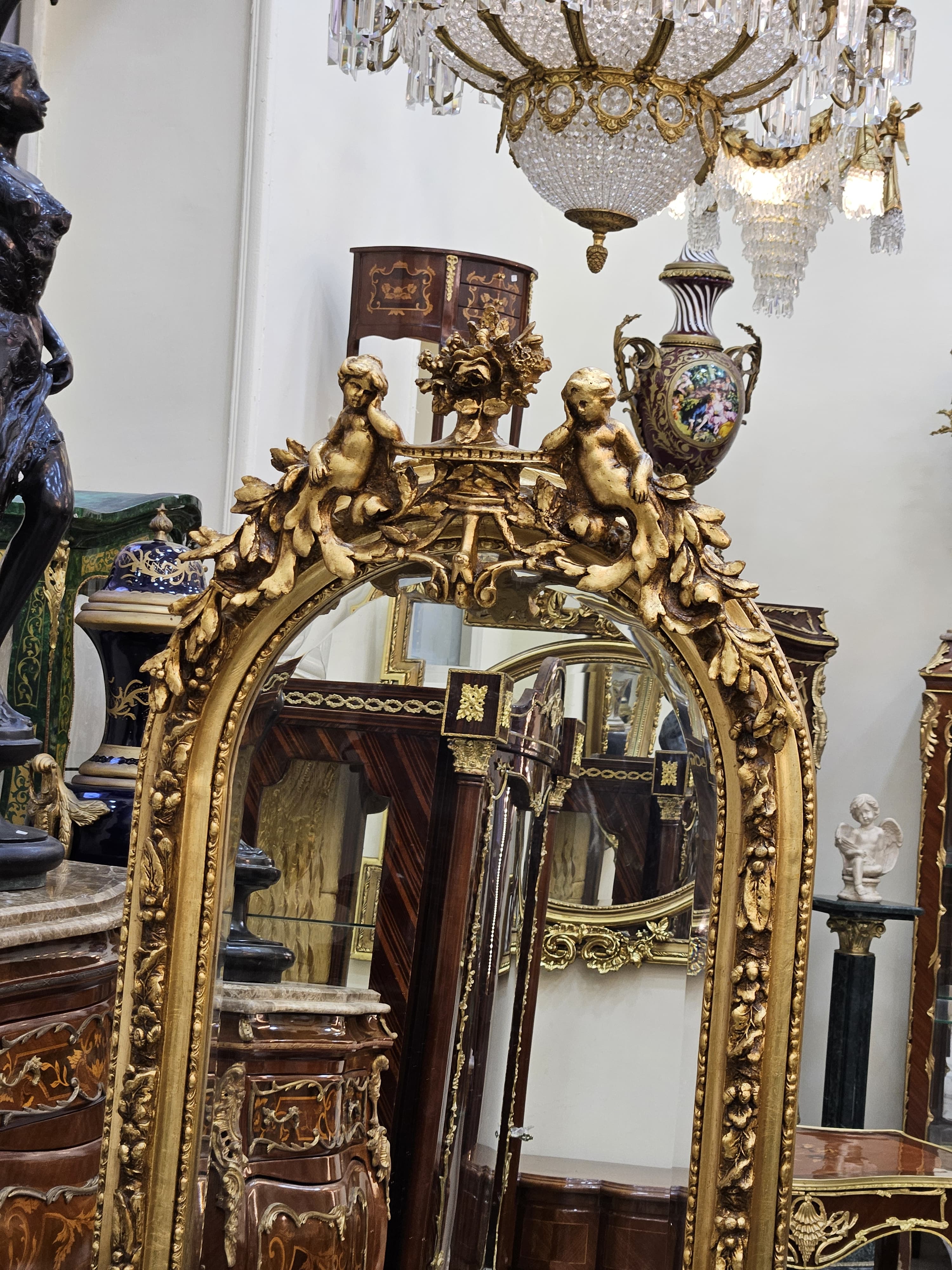 Grand French Louis XV Floor Mirror with Cherub Crest & Gold Leaf Frame