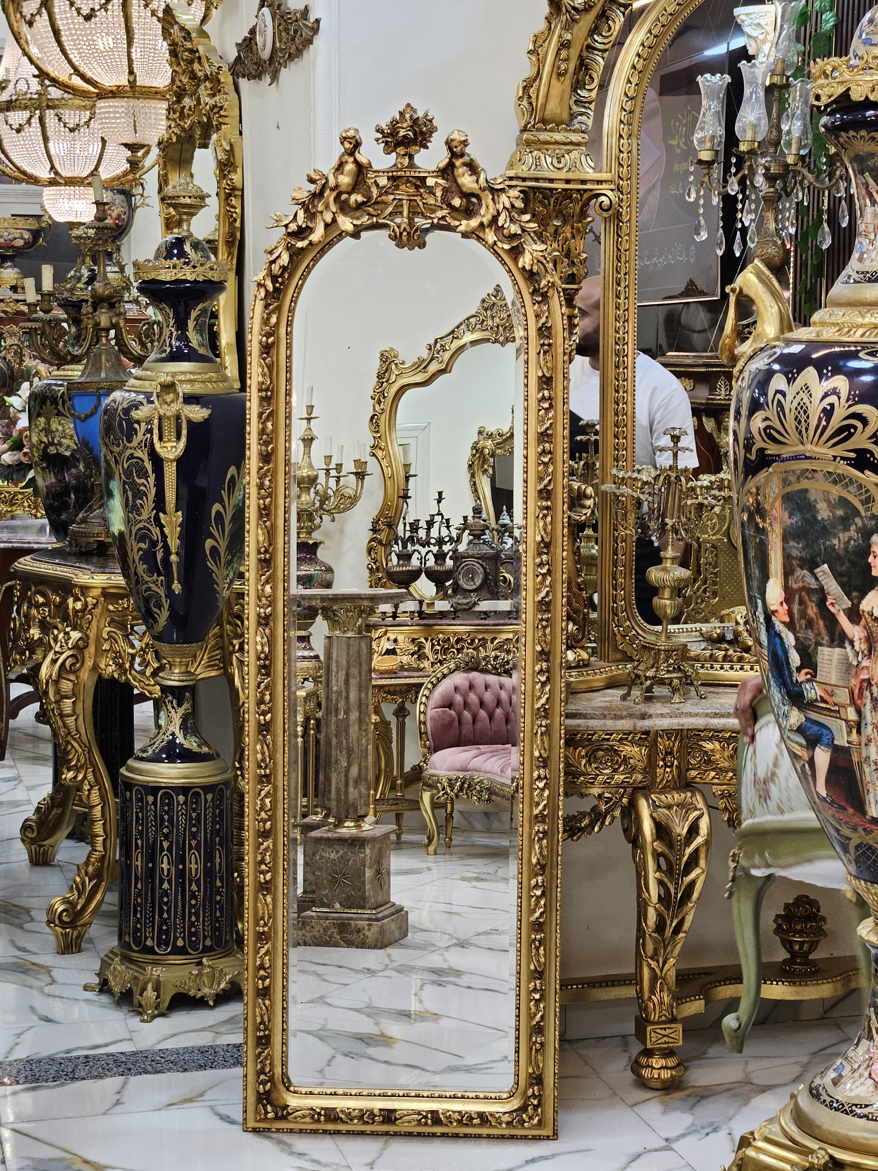 Grand French Louis XV Floor Mirror with Cherub Crest & Gold Leaf Frame