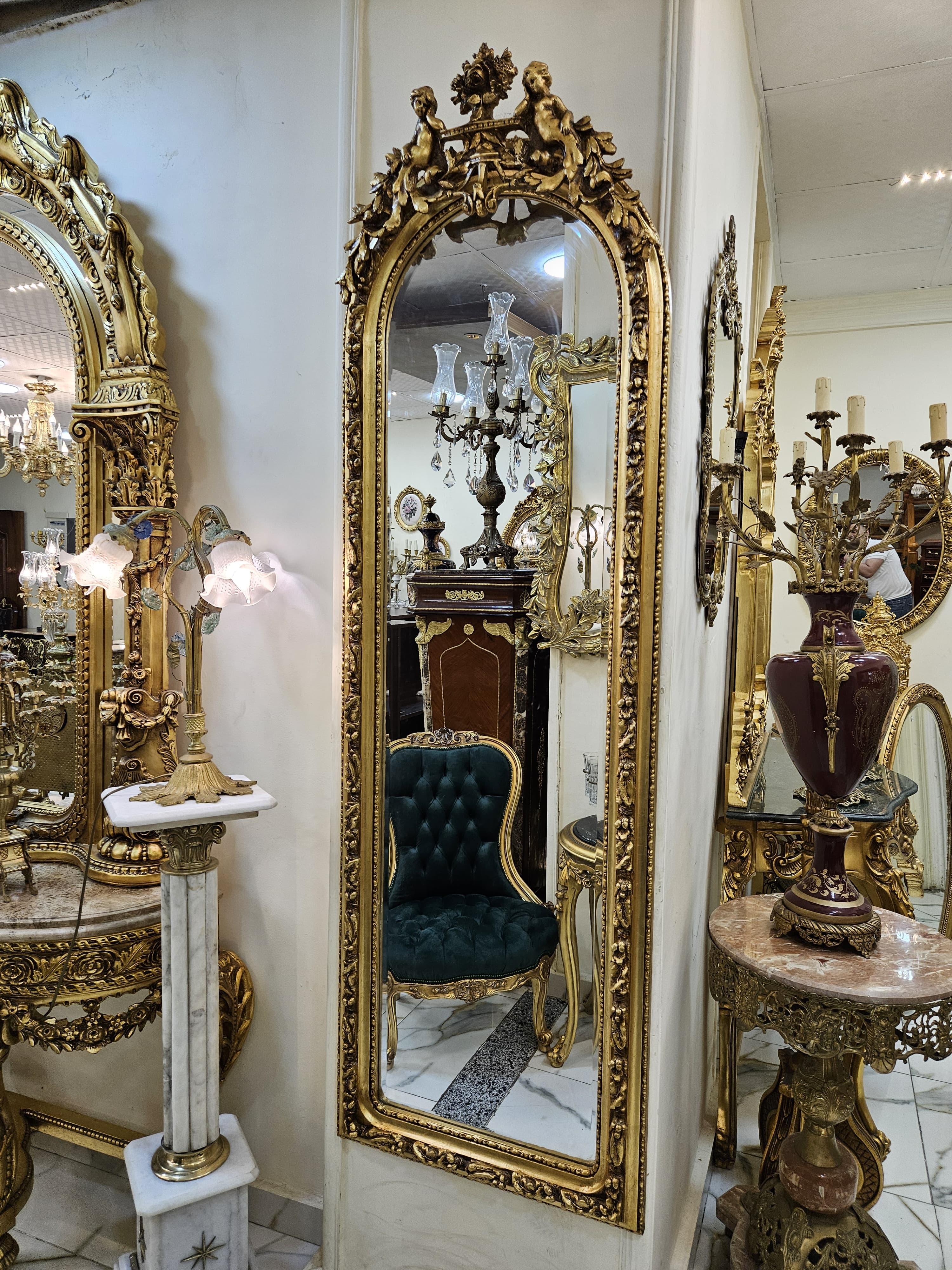 Grand French Louis XV Floor Mirror with Cherub Crest & Gold Leaf Frame