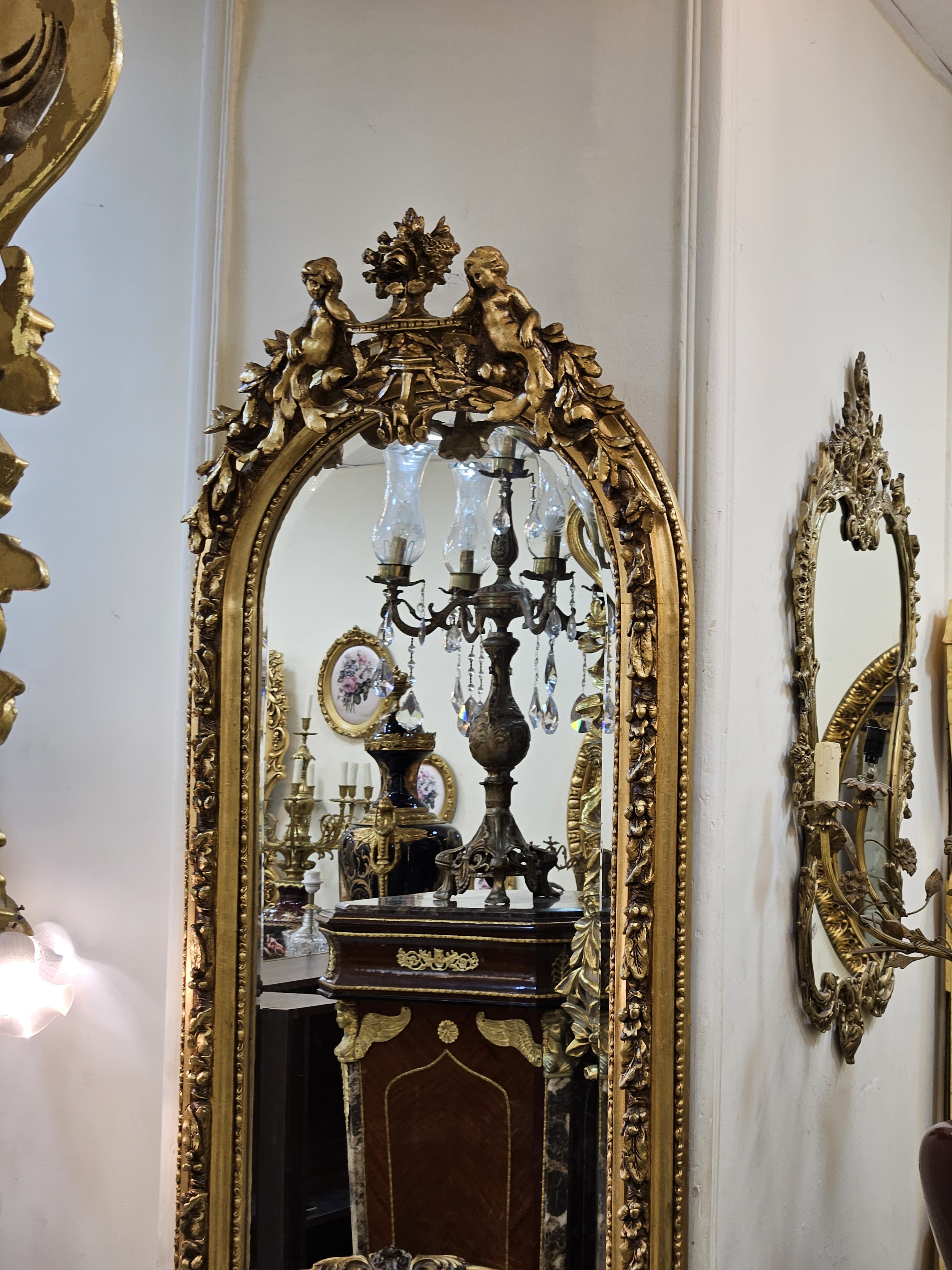 Grand French Louis XV Floor Mirror with Cherub Crest & Gold Leaf Frame