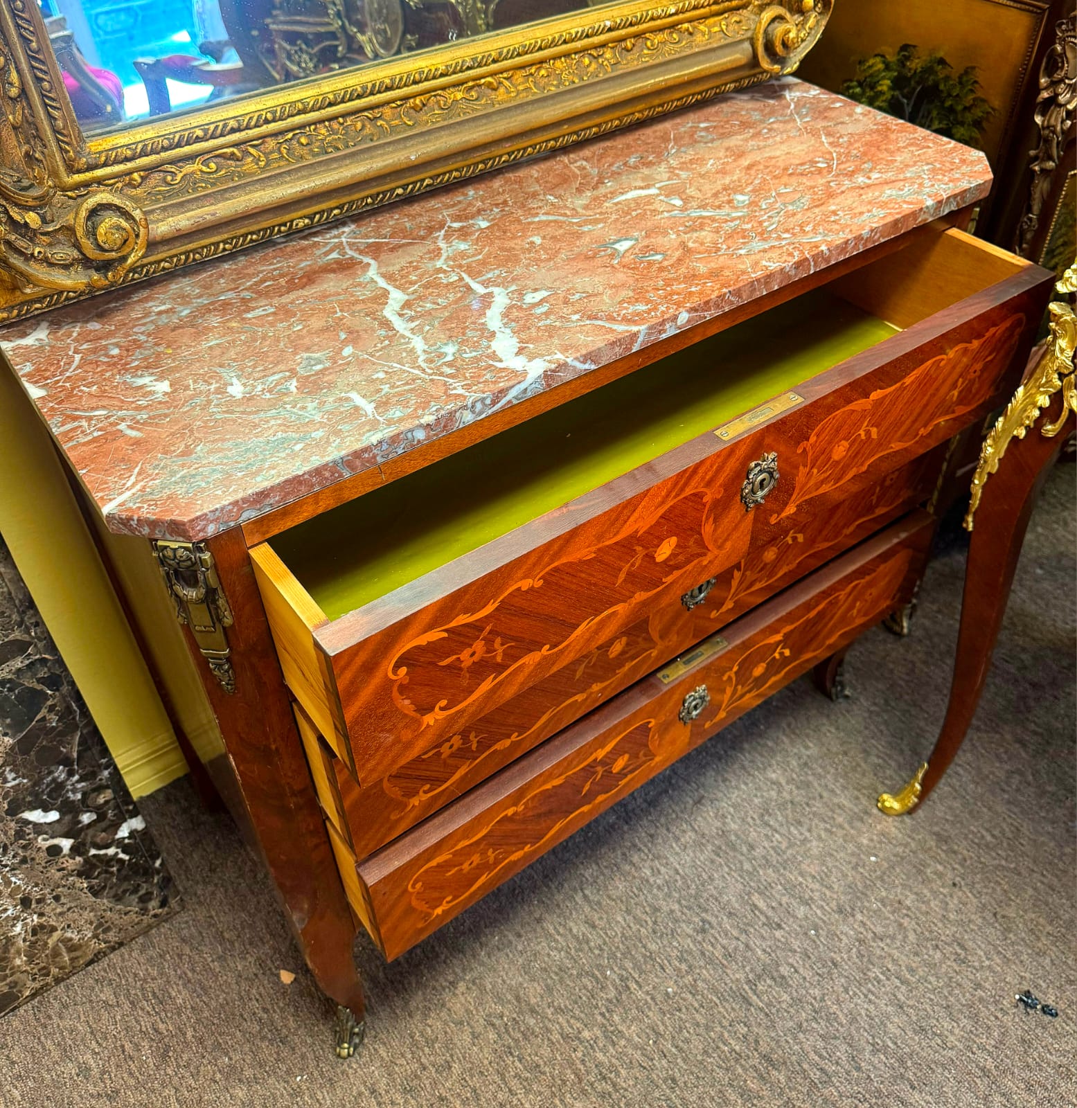 French Louis XV Marble Top Commode Chest – Floral Marquetry with Bronze Hardware | 32.5"W x 16"D x 30"H