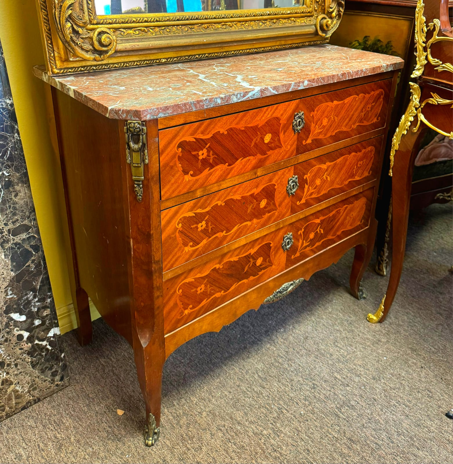 French Louis XV Marble Top Commode Chest – Floral Marquetry with Bronze Hardware | 32.5"W x 16"D x 30"H
