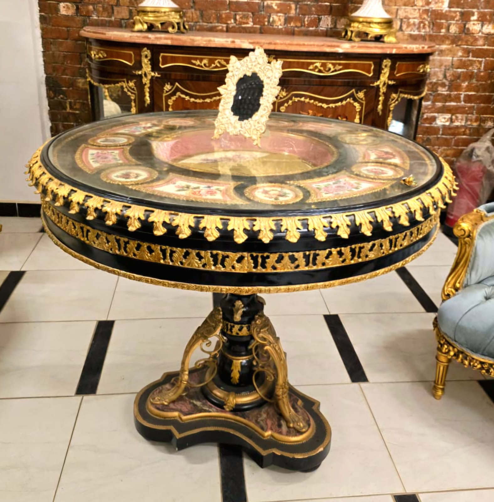 Monumental Rococo Round Dining Table with Gold Leaf Accents & Hand-Painted Decorative Insets