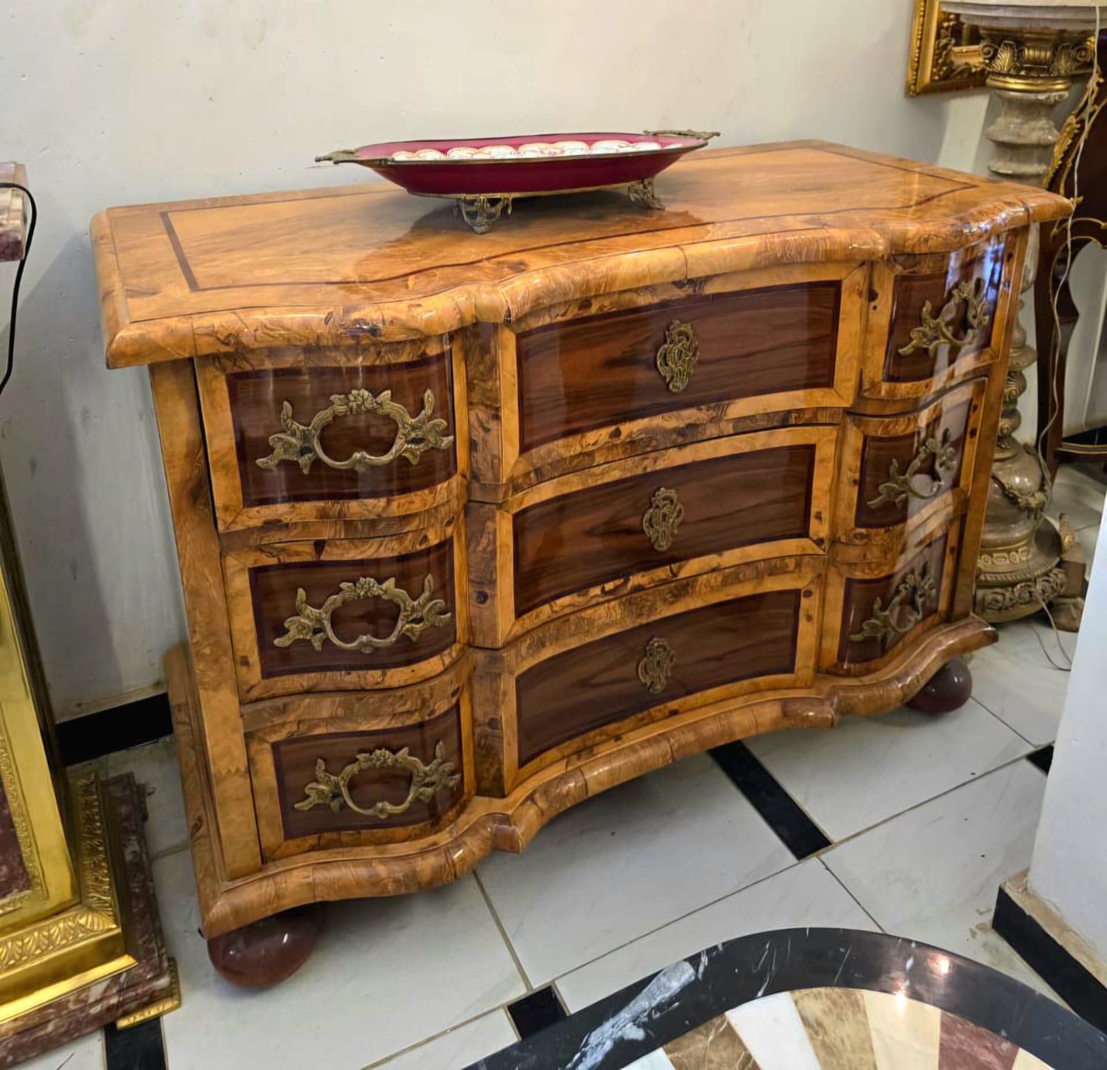 Grand French Bombe Chest of Drawers with Burl Wood Finish, Gold Leaf & Bronze Hardware