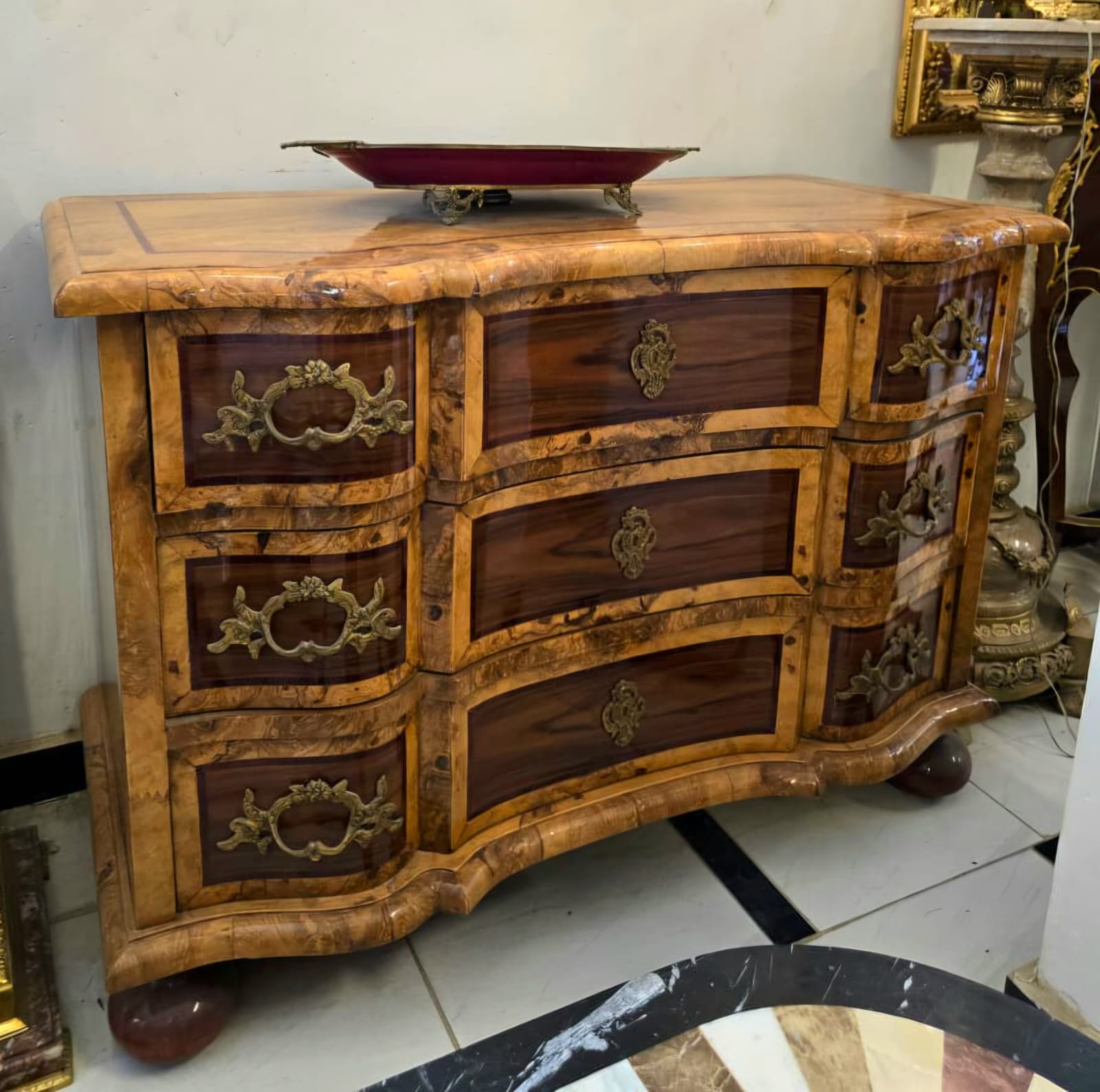 Grand French Bombe Chest of Drawers with Burl Wood Finish, Gold Leaf & Bronze Hardware