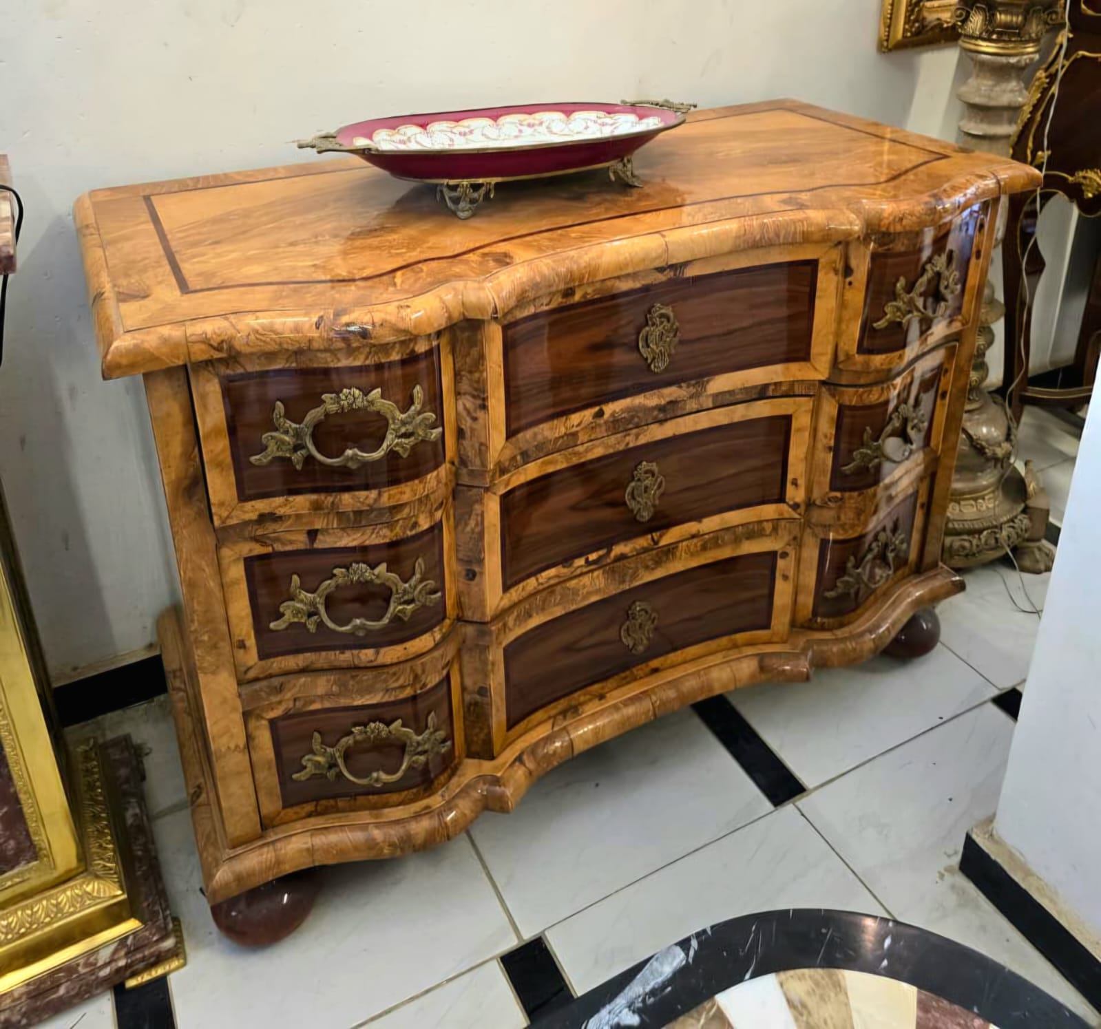 Grand French Bombe Chest of Drawers with Burl Wood Finish, Gold Leaf & Bronze Hardware