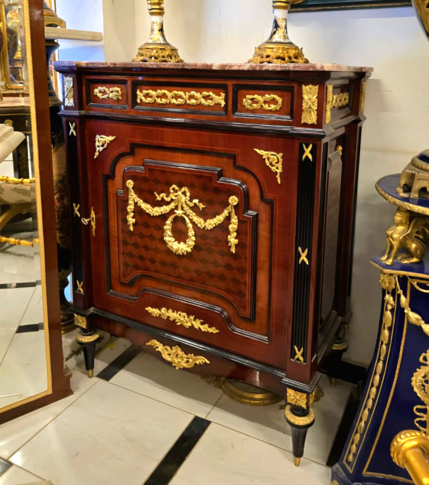 French Louis XVI Marble-Top Accent Cabinet with Fine Wood Inlays & Gold Leaf Details