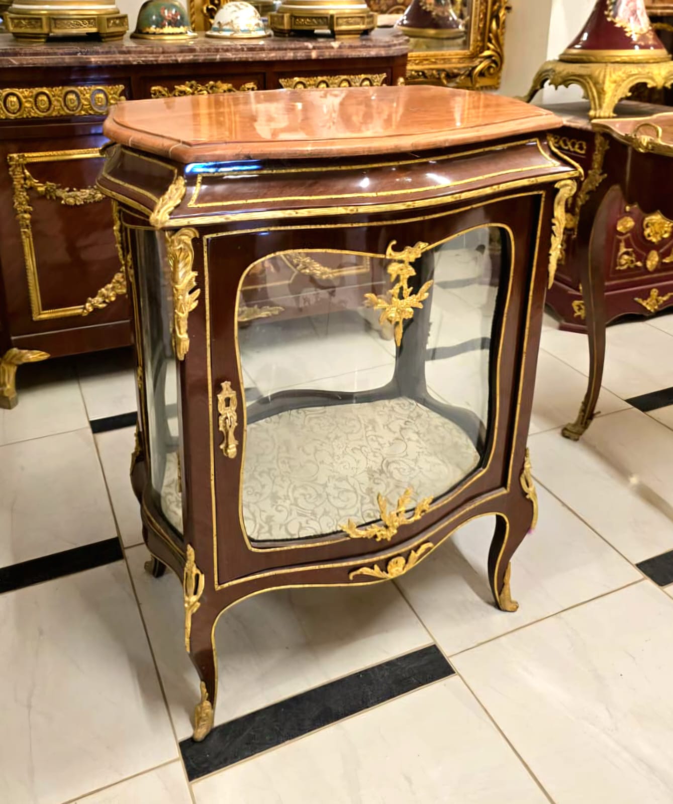 French Louis XV Marble-Top Curio Display Cabinet with Glass Panels & Gold Leaf Details