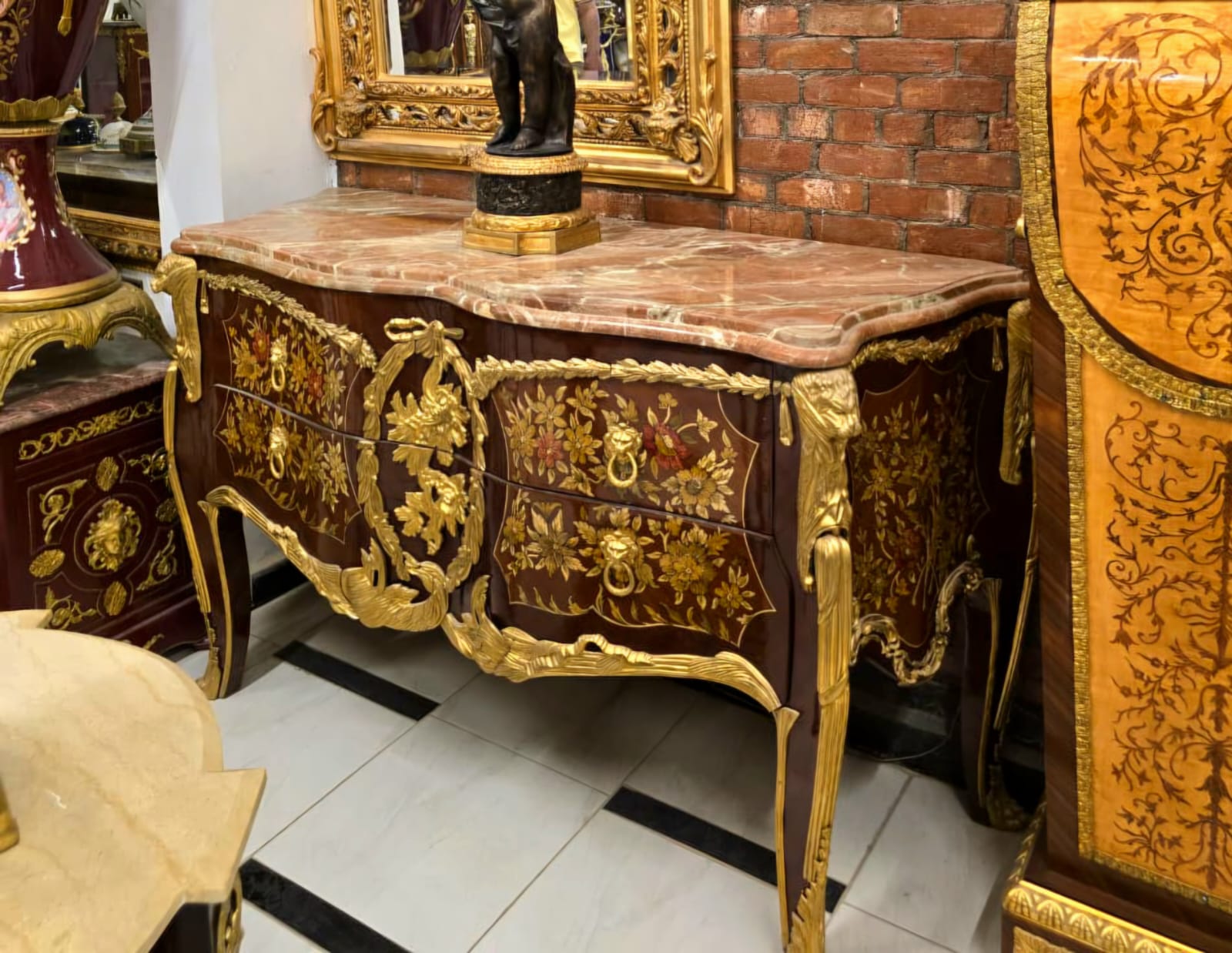 Handcrafted French Louis XV Bombe Commode with Marble Top & Intricate Floral Marquetry