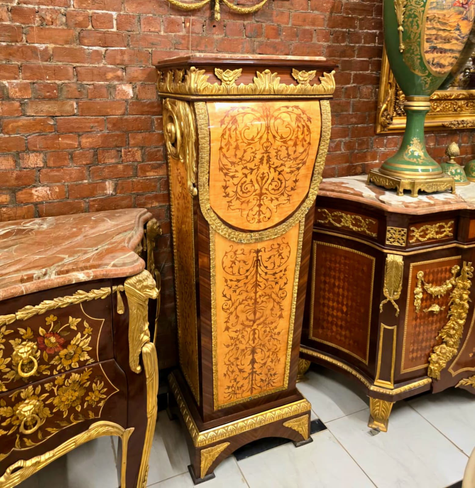 French Rococo Empire Pedestal Stand with Marble Top, Exotic Wood Veneers, Gold Leaf & Bronze Ormolu Accents