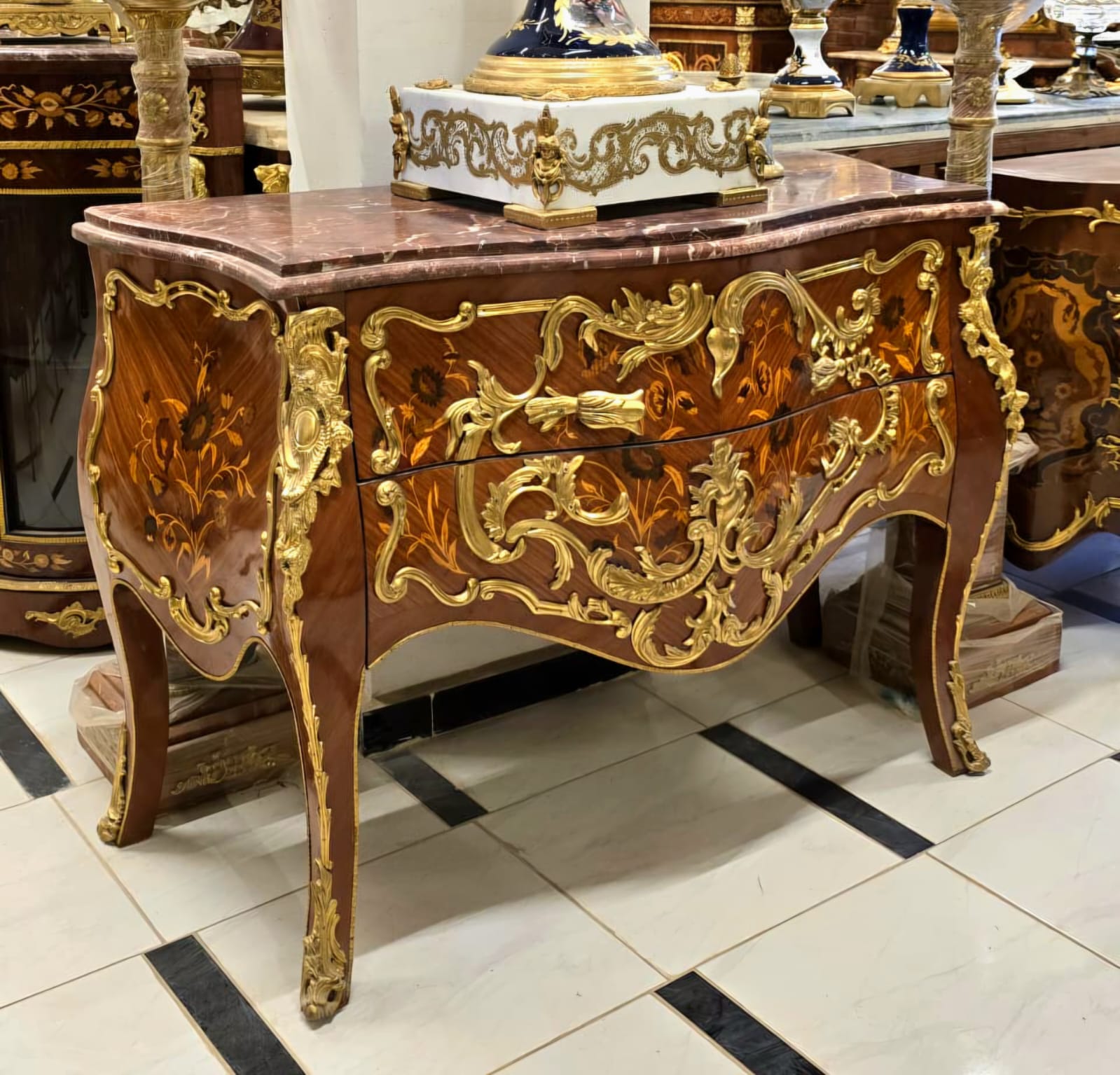 Grand French Louis XV Bombe Commode with Marble Top, Floral Marquetry & Gilt Bronze Ormolu